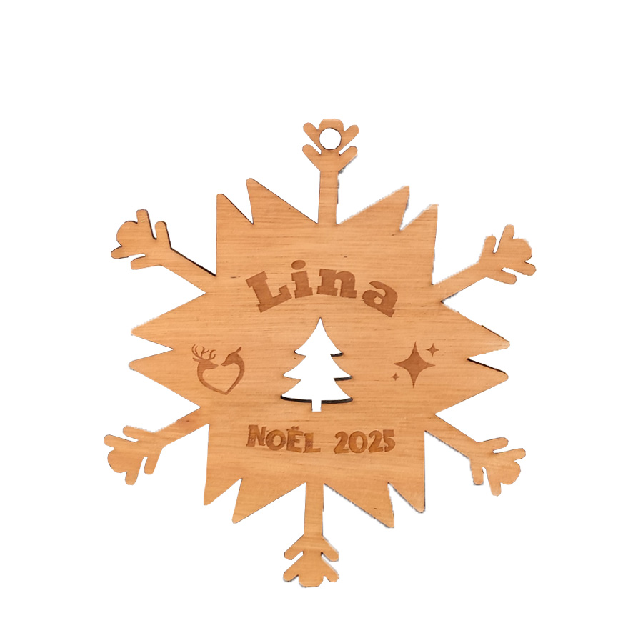 Boule de Noël flocon personnalisée en bois - Prénom gravé - Décoration fait main