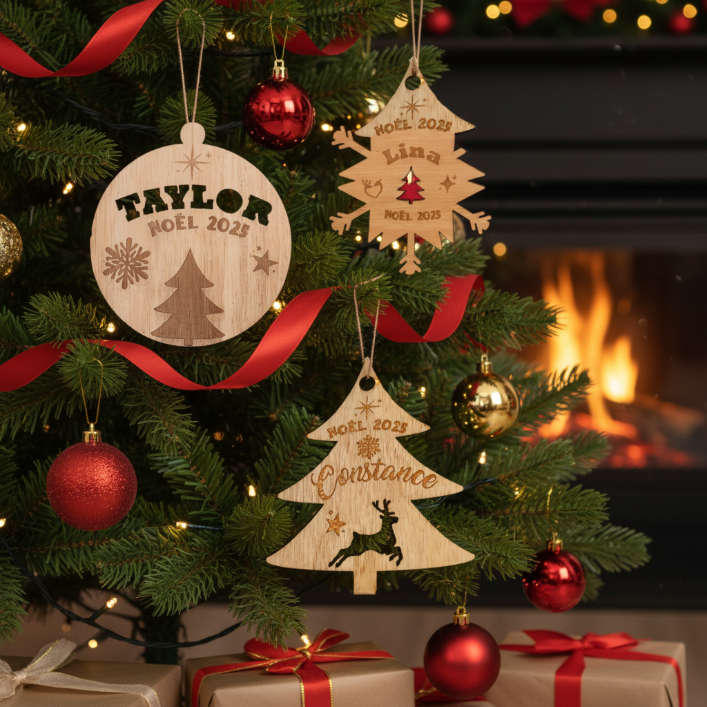 Pack 3 Boules de Noël Personnalisées – Bois Gravé
