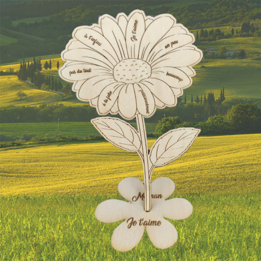 Marguerite en bois gravée avec socle - Cadeau fête des mères personnalisé - Fleur éternelle - Fait main