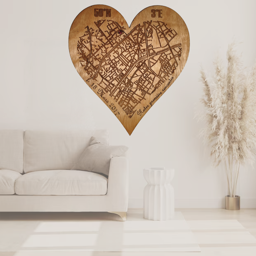 Carte de ville en bois gravée personnalisée - Souvenir lieu de rencontre - Cadeau original fait main