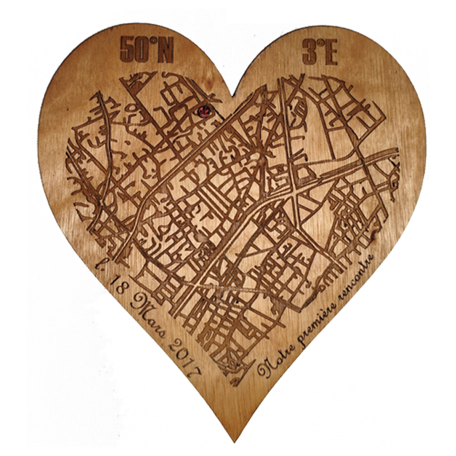 Carte de ville en bois gravée personnalisée  - Souvenir lieu de rencontre  - Cadeau original fait main
