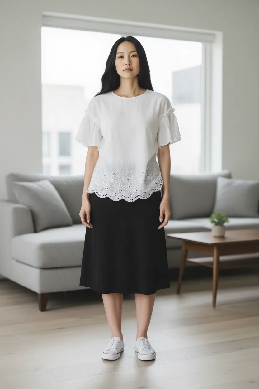 White Lace Hem Blouse (Petite Small)