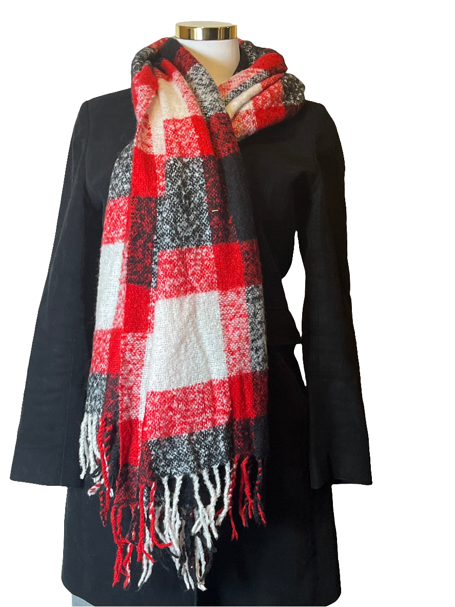 Knitted Multicolored(red/black/white) long Scarf with fringes