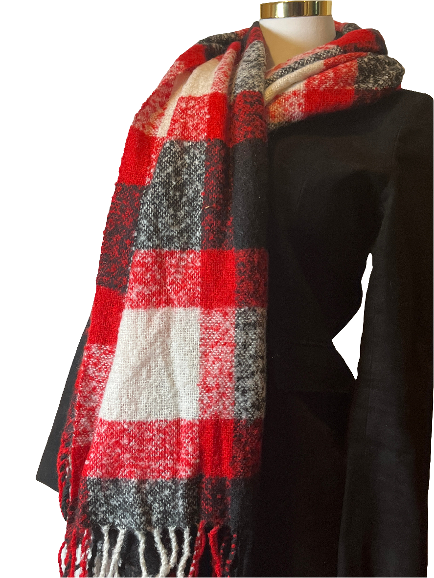 Knitted Multicolored(red/black/white) long Scarf with fringes