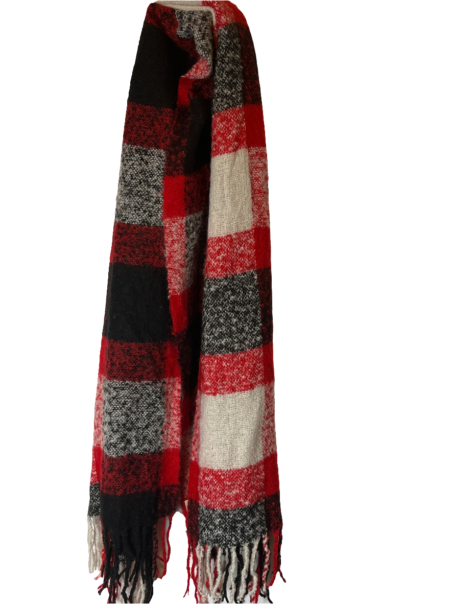 Knitted Multicolored(red/black/white) long Scarf with fringes