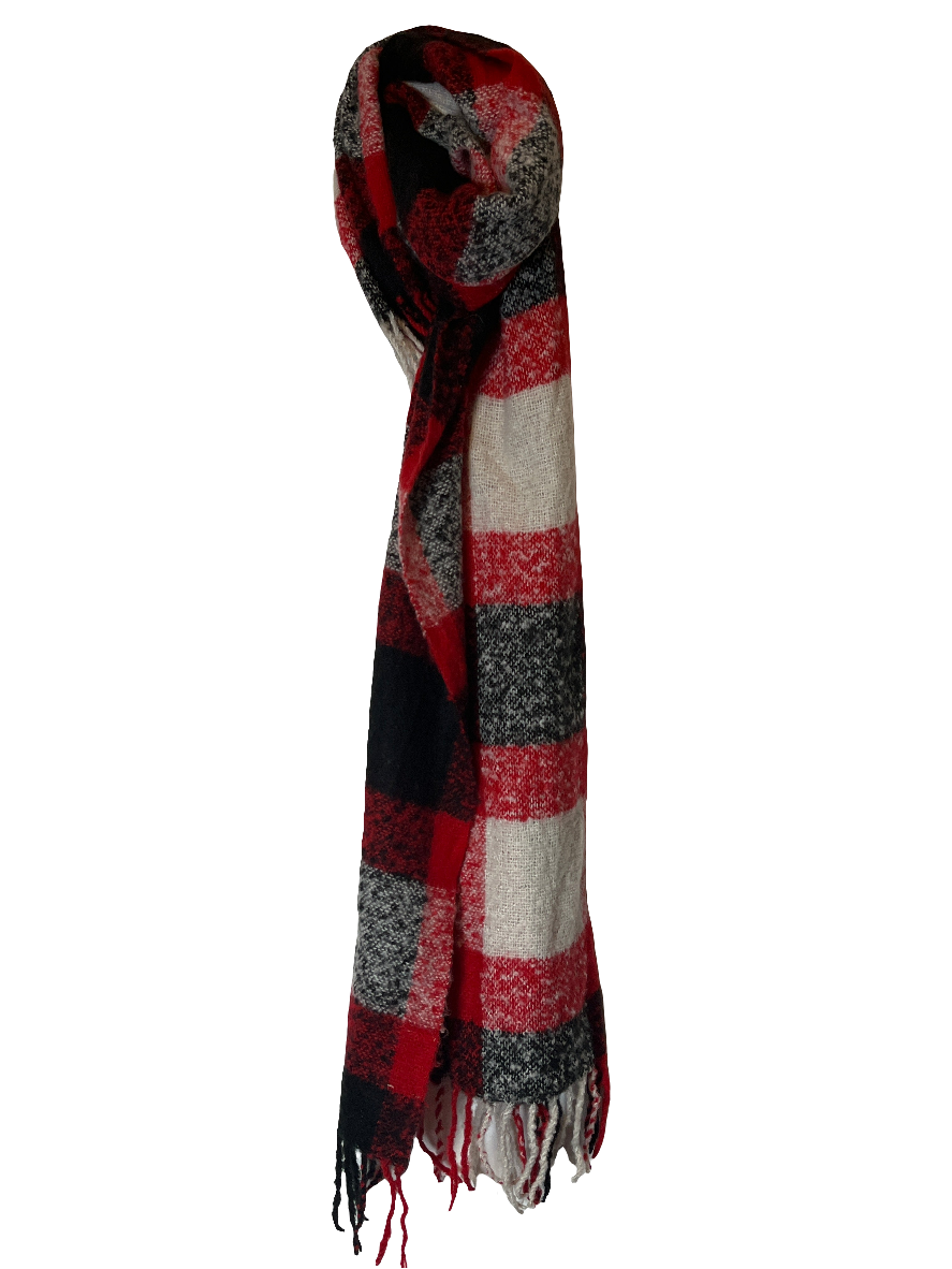 Knitted Multicolored(red/black/white) long Scarf with fringes