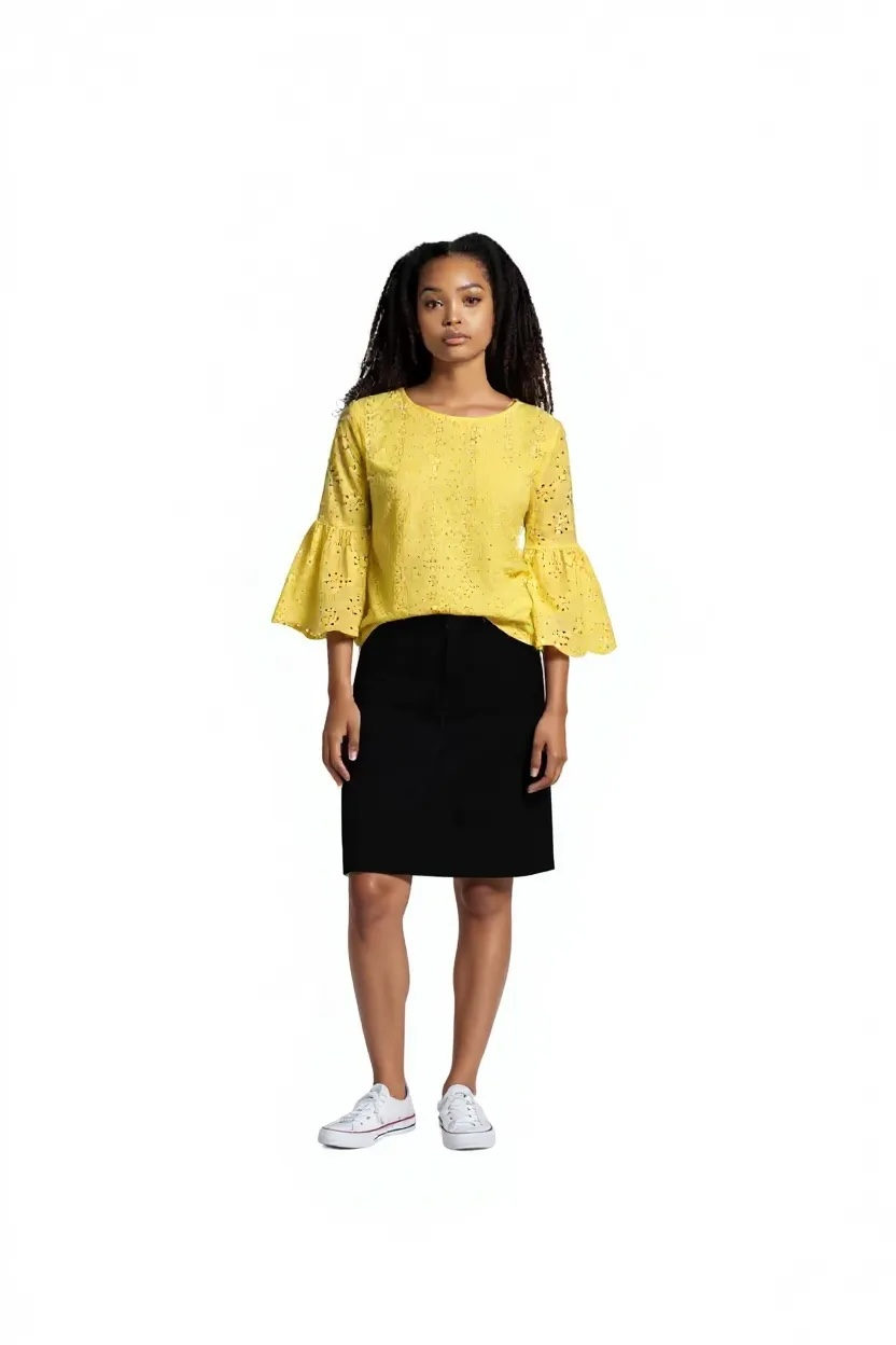 Yellow Eyelet Bell Sleeve Blouse