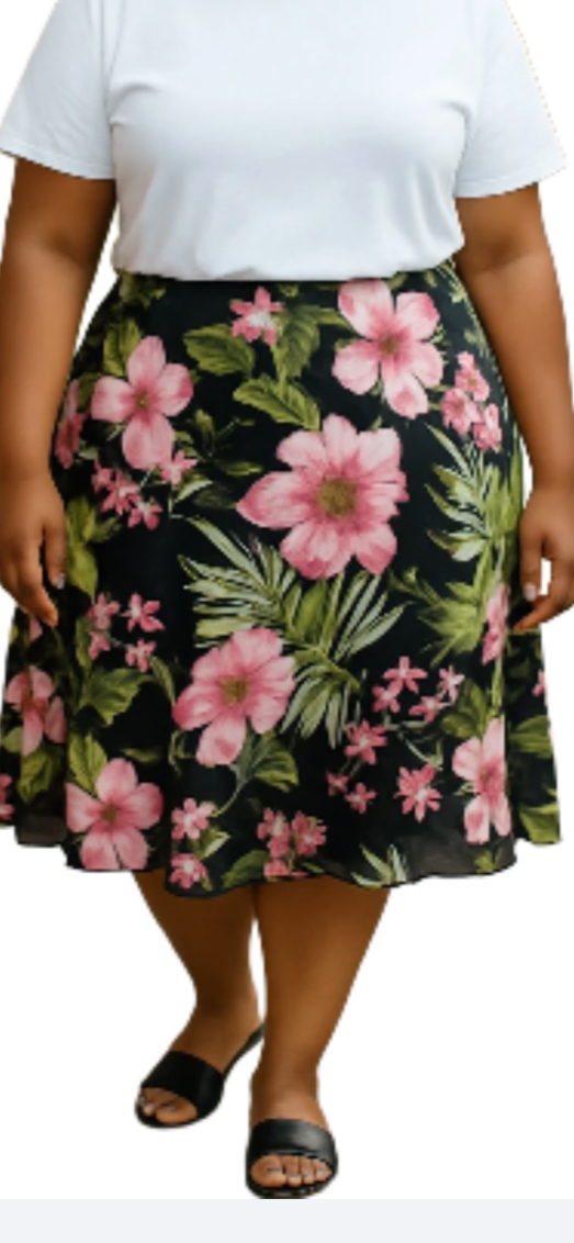 Black, Pin and Green -Floral Skirt Fit & Flare (Large)