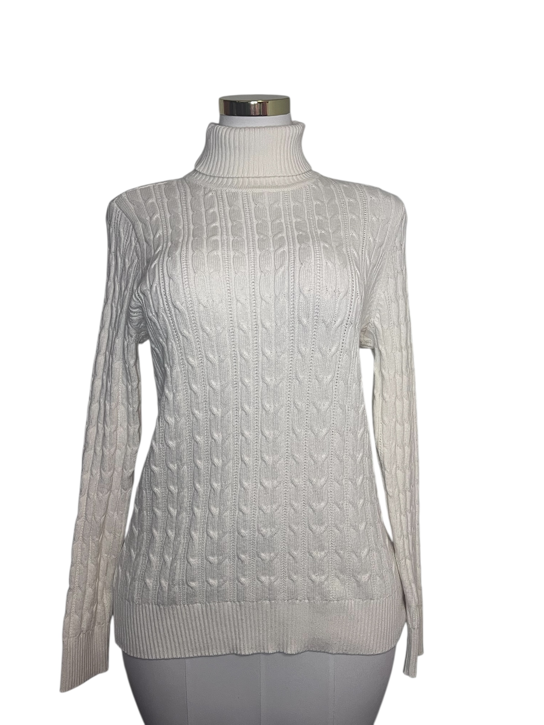 St John’s Bay- Elegant Ivory White Cable Knit Turtleneck Sweater