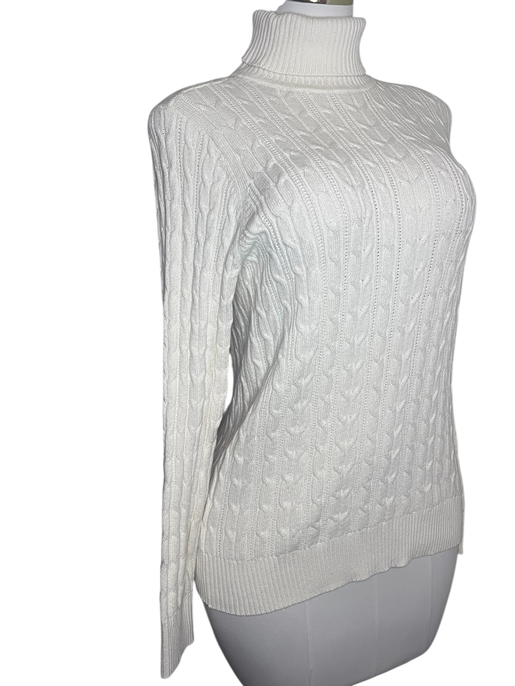 St John’s Bay- Elegant Ivory White Cable Knit Turtleneck Sweater