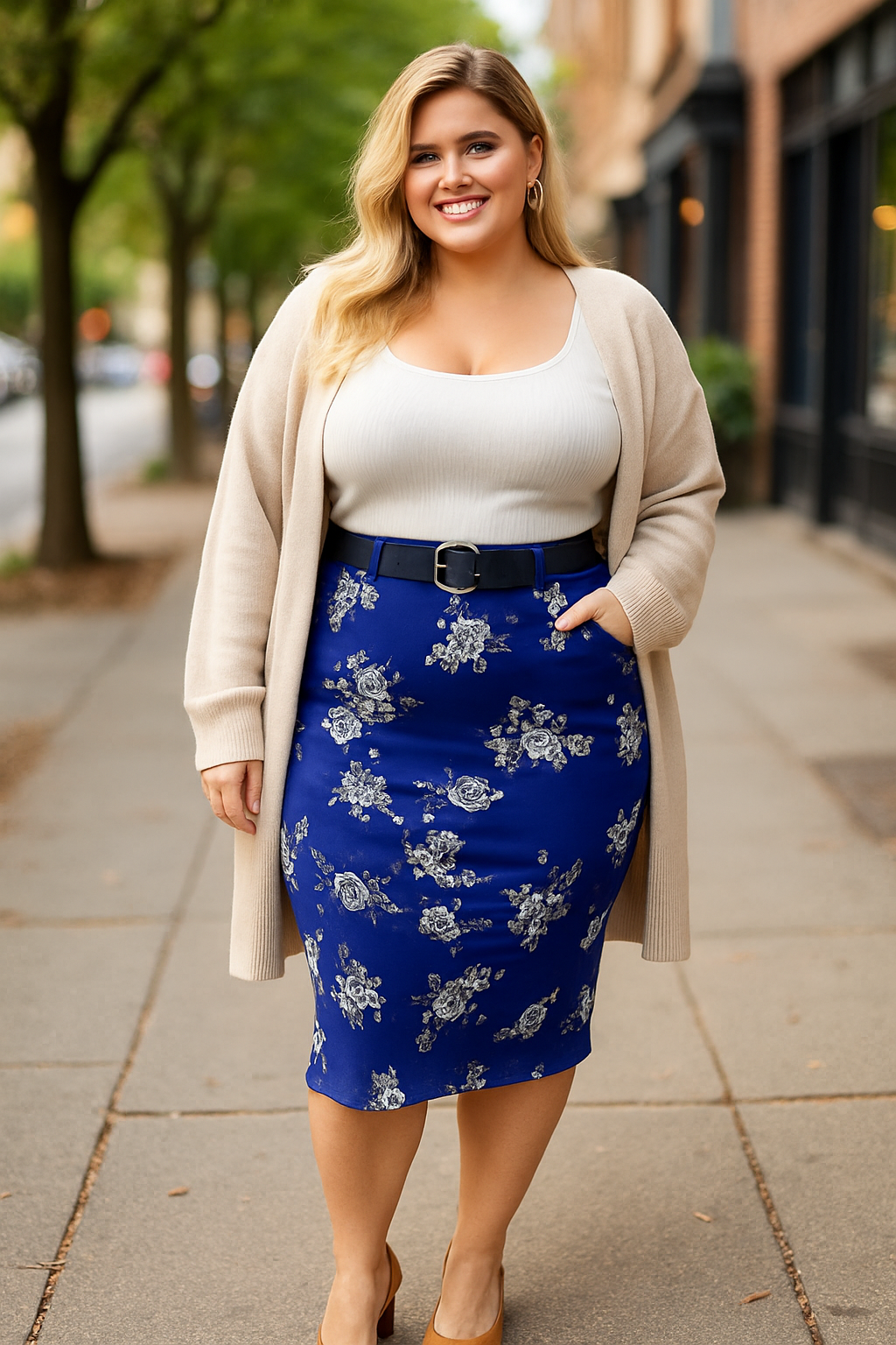 Blue Breeze: Stretch Floral Skirt by Éci Royal Blue-L 