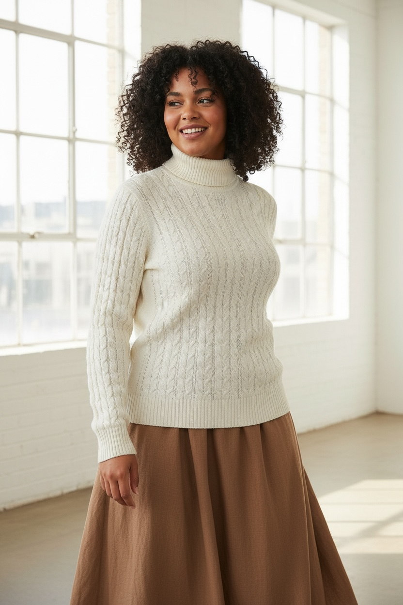 St John’s Bay- Elegant Ivory White Cable Knit Turtleneck Sweater