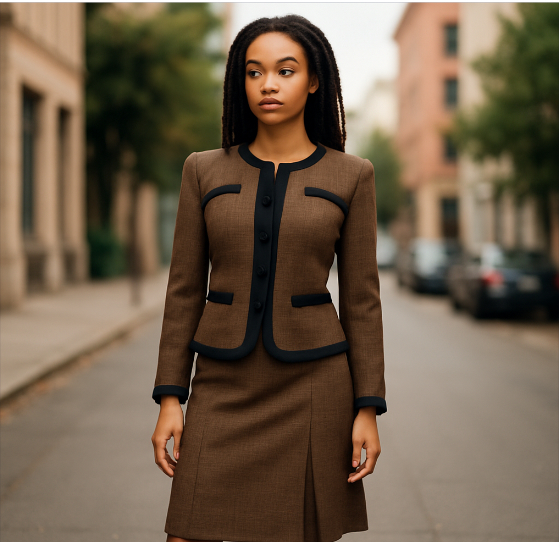 Leslie Fay Women's Elegant Taupe Skirt Suit Set with Black Trim