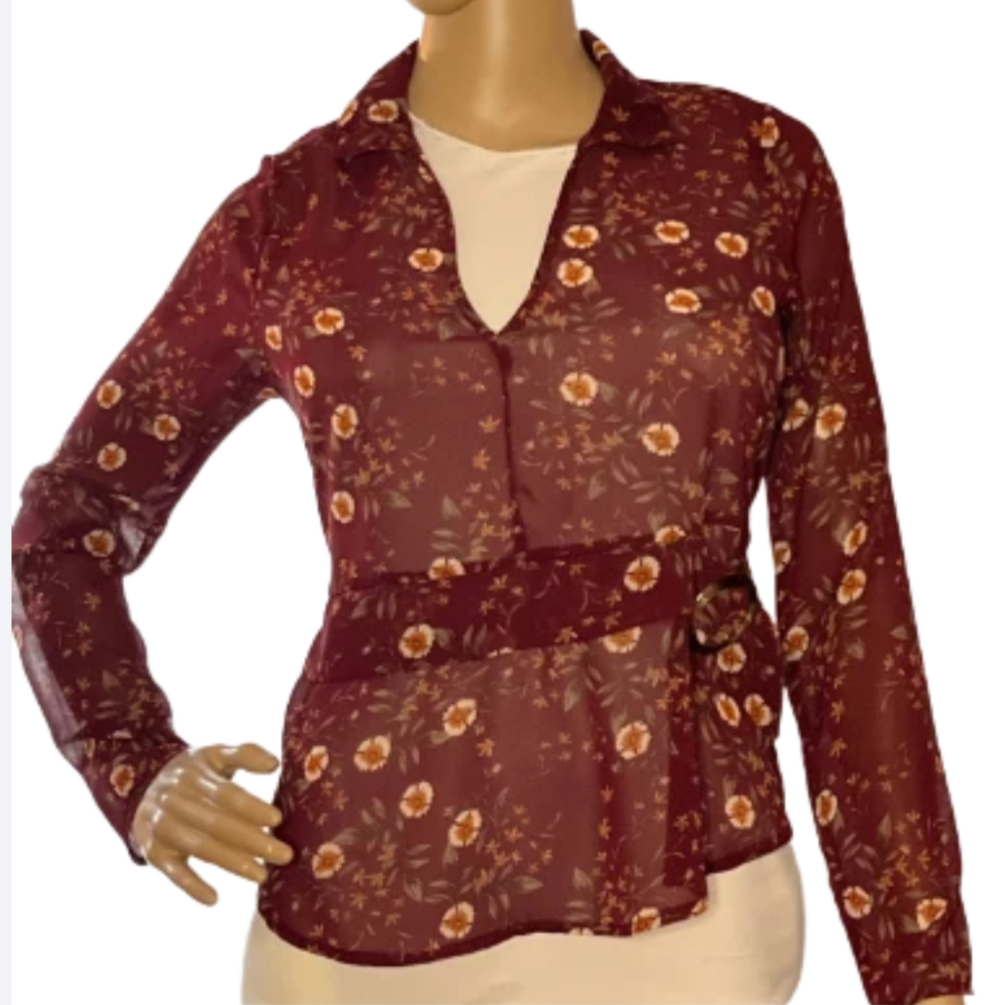 Toby & Olive -Burgundy Floral Sheer Blouse (size small)