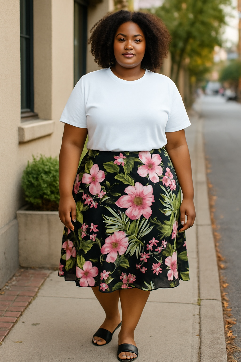 Black, Pin and Green -Floral Skirt Fit & Flare (Large)