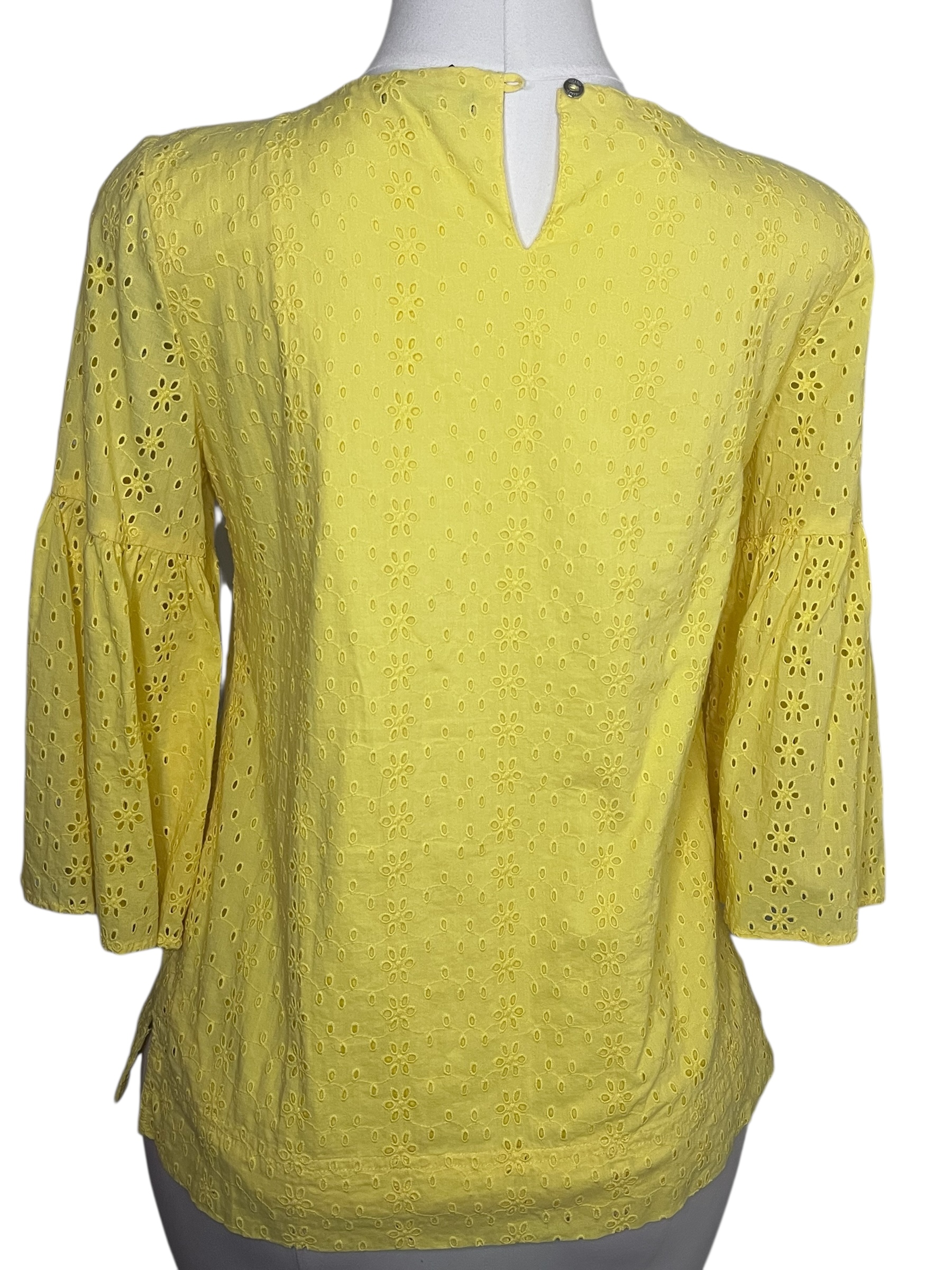 Yellow Eyelet Bell Sleeve Blouse – Feminine Boho Chic Top for Women (Small)