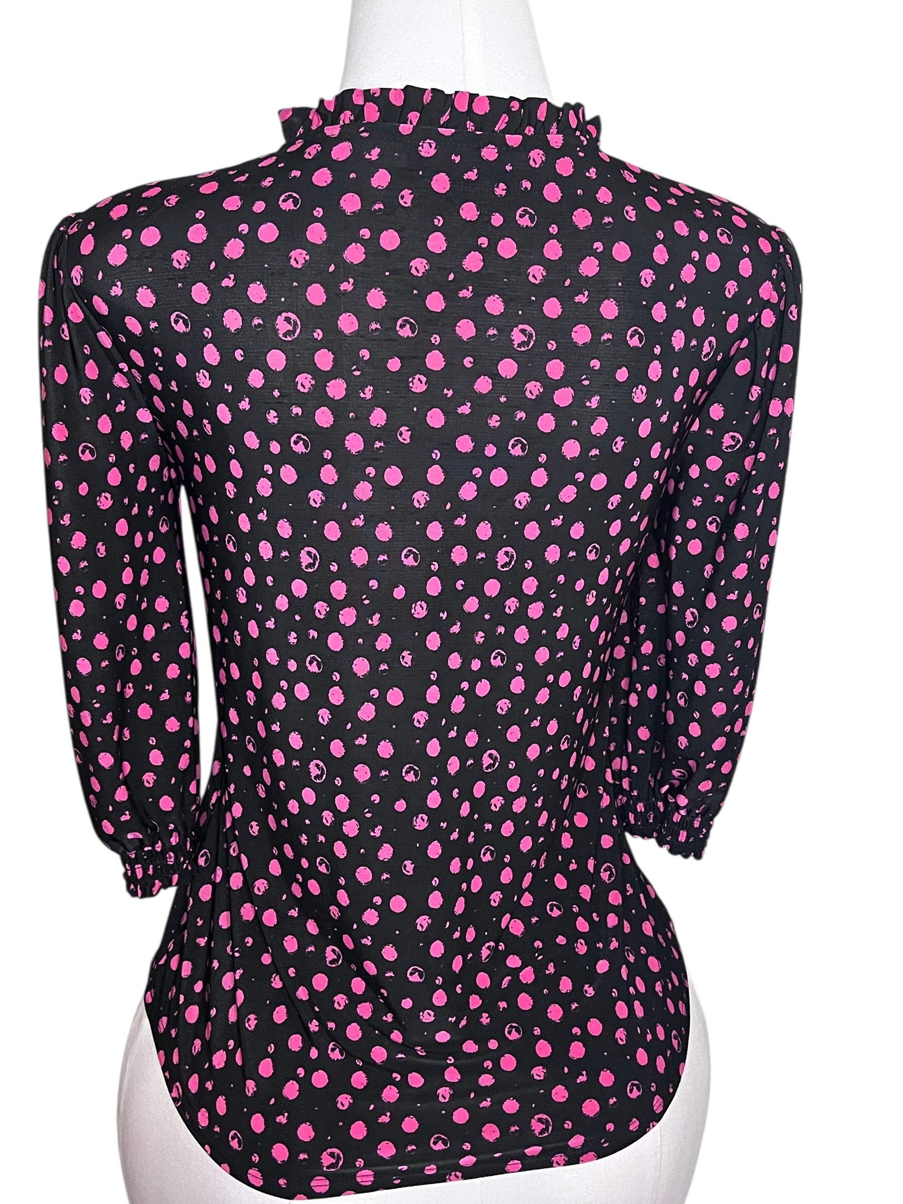 Women’s Petite Black Blouse – Pink Polka Dot Print (Size PS)