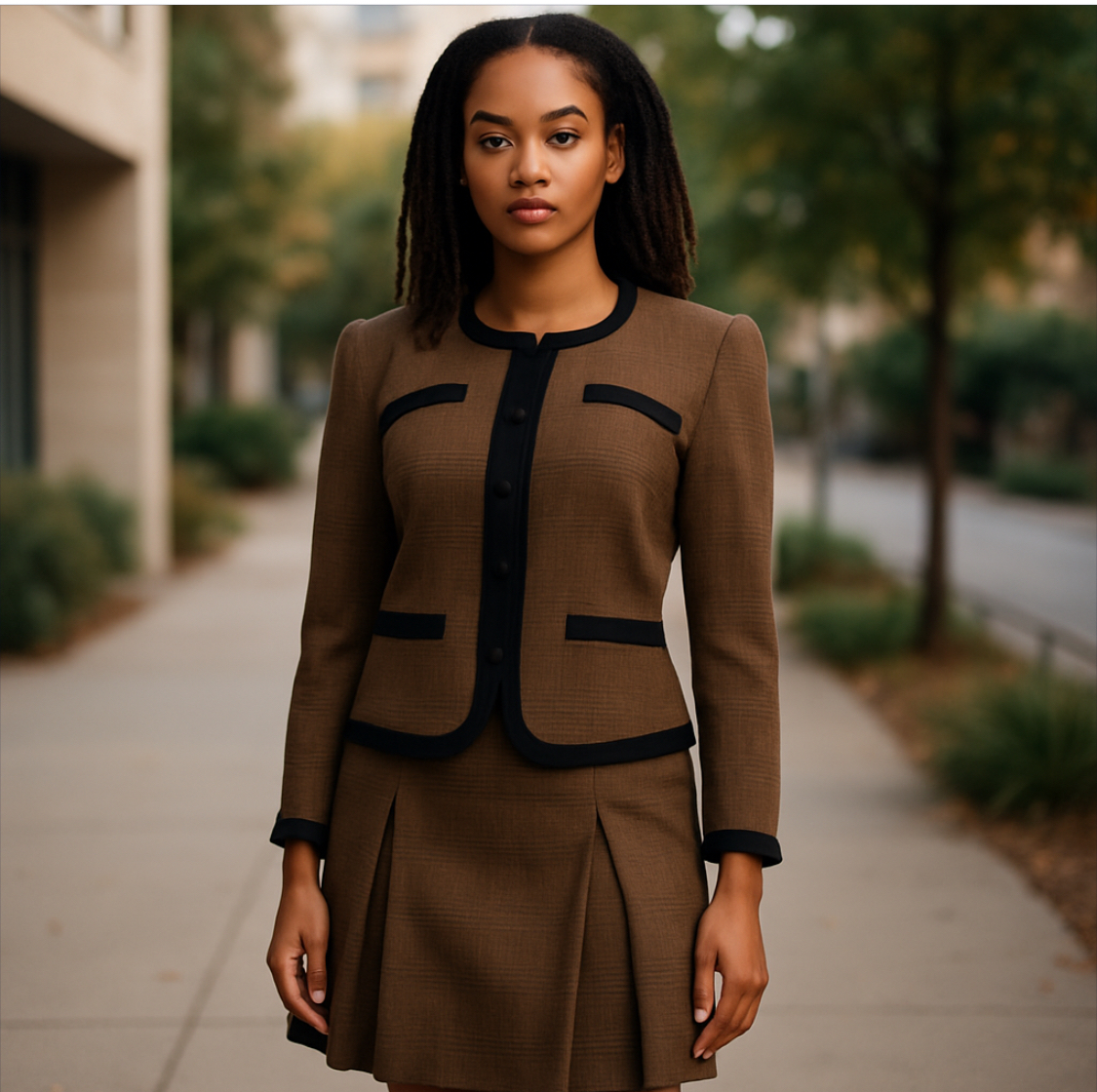 Leslie Fay Women's Elegant Taupe Skirt Suit Set with Black Trim