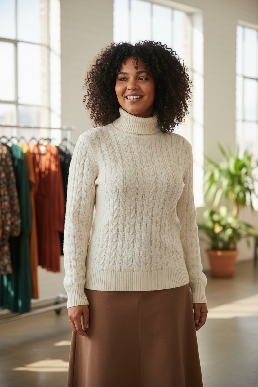 St John’s Bay- Elegant Ivory White Cable Knit Turtleneck Sweater