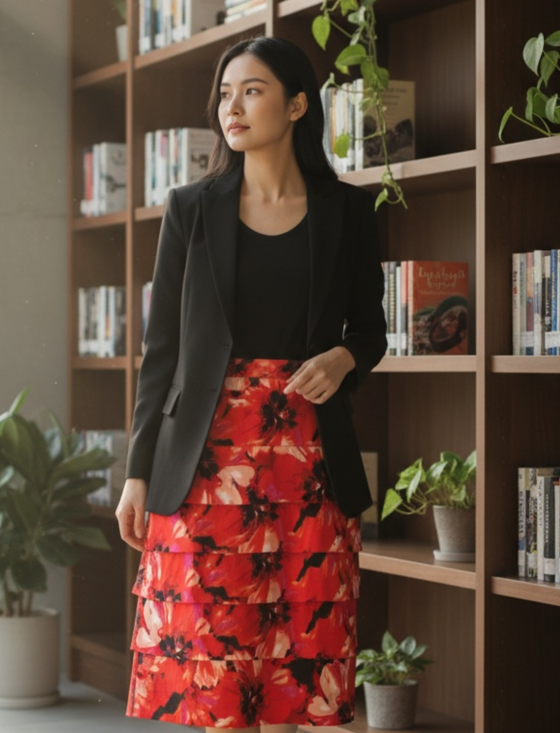 Effortless Elegance: Size 6 Red Floral Skirt by Larry Levine