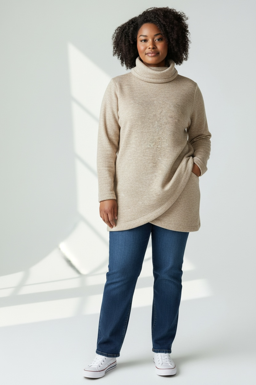 Soft Beige Turtleneck Sweatshirt – Lands’ End, Size M (12/14)