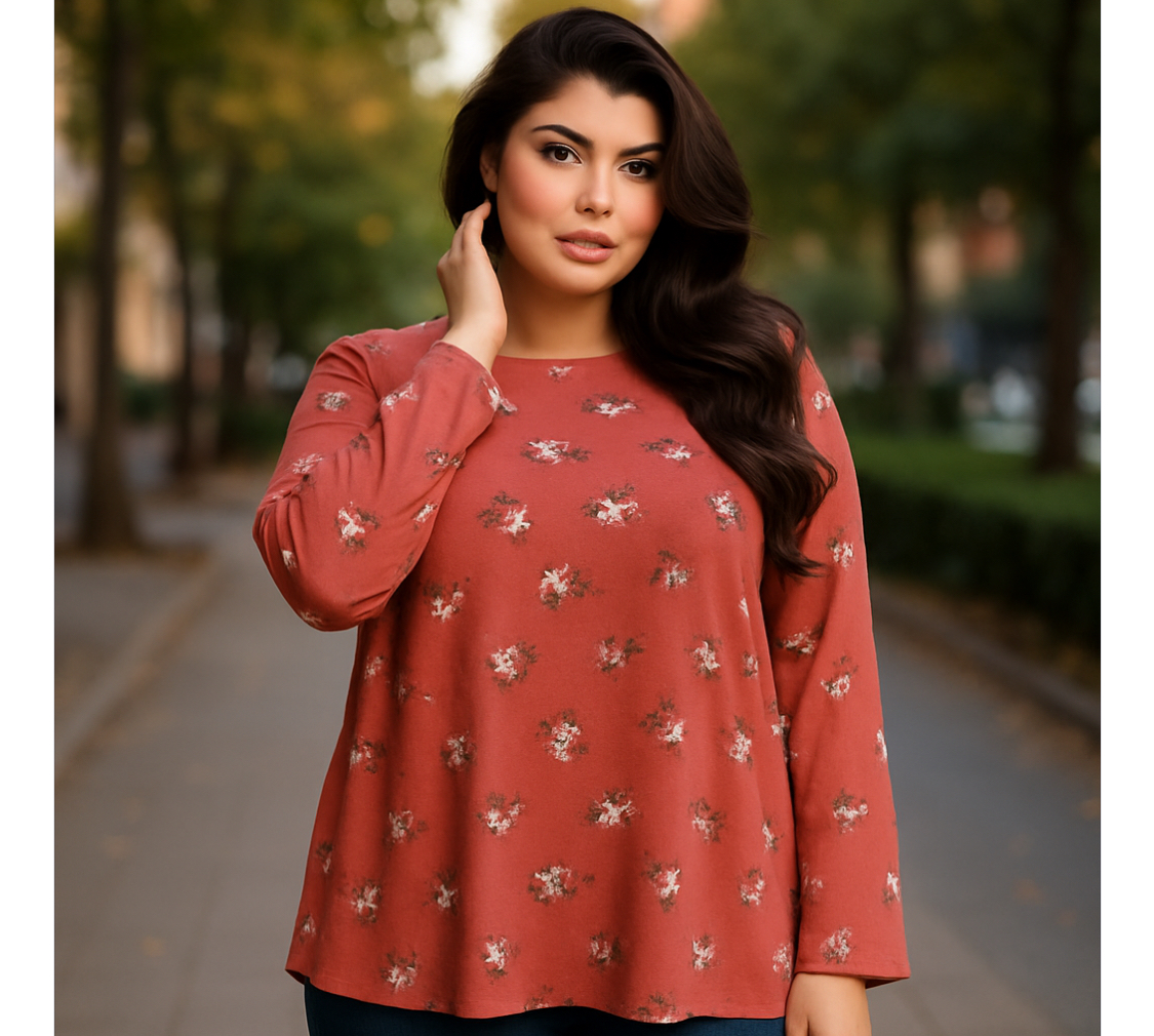Floral Long Sleeves Pull Over Blouse (Size XL) 