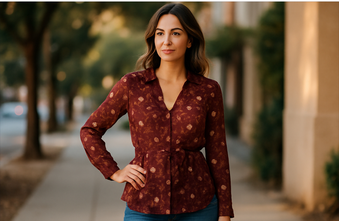 Toby & Olive -Burgundy Floral Sheer Blouse (size  small)