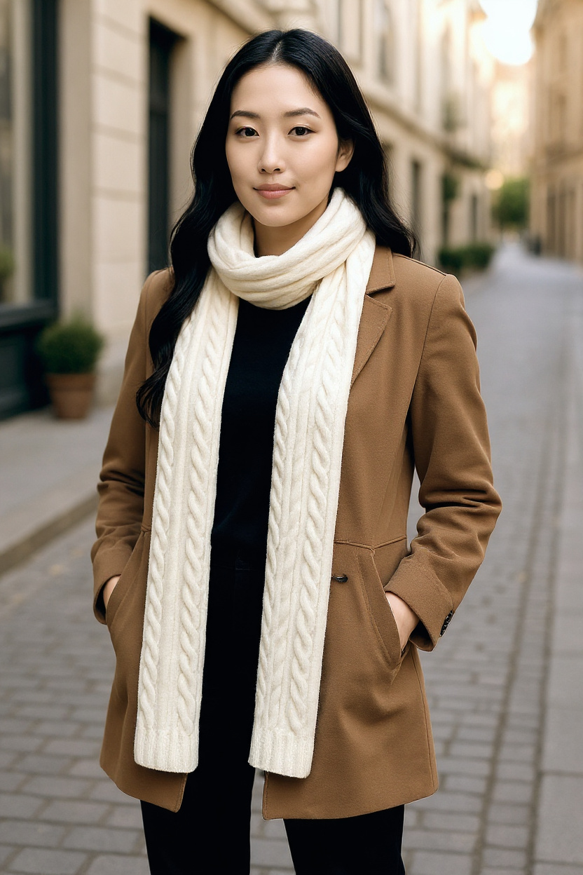 Crochet Style Long Beige Scarf