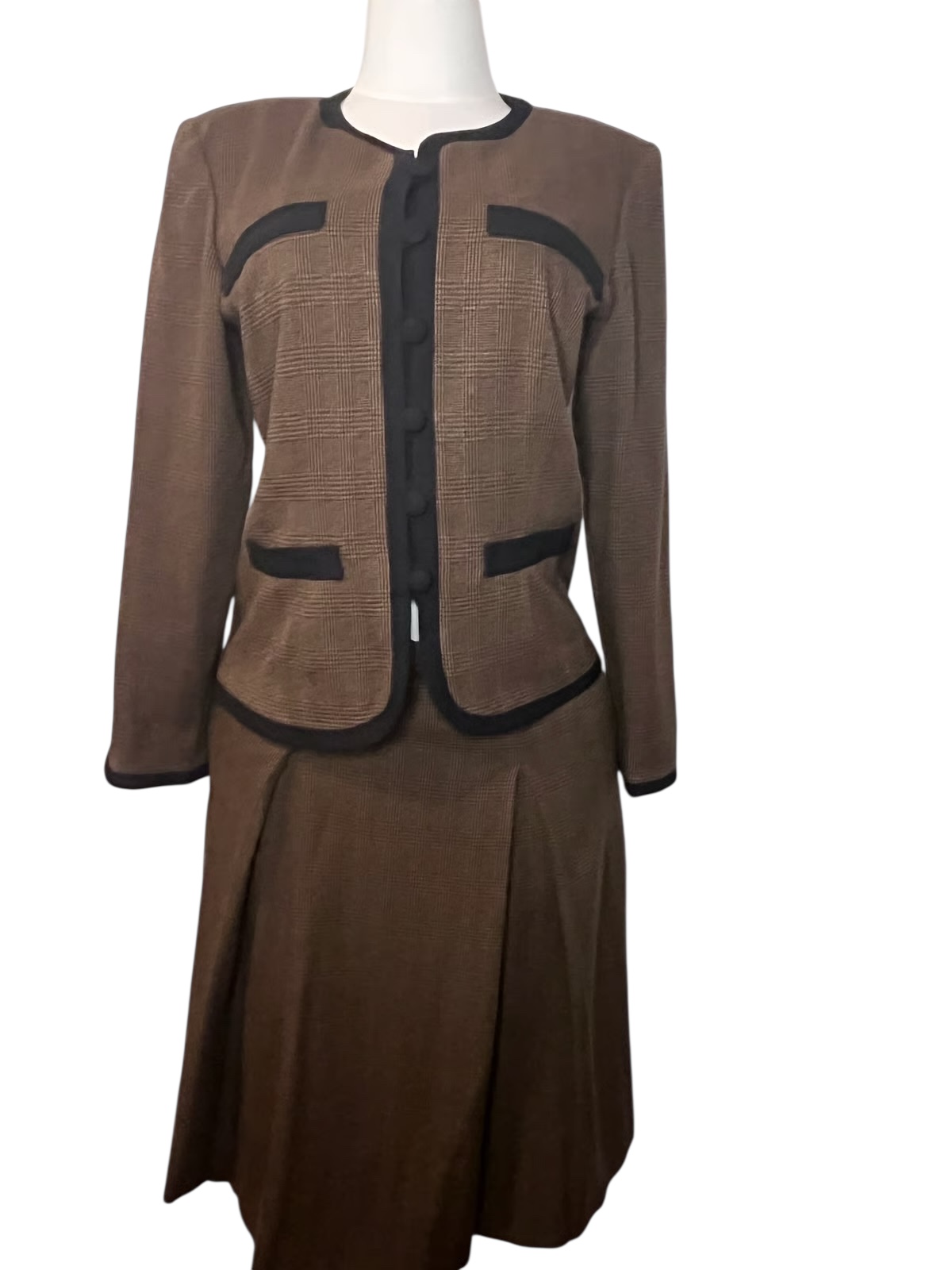 Leslie Fay Women's Elegant Taupe Skirt Suit Set with Black Trim