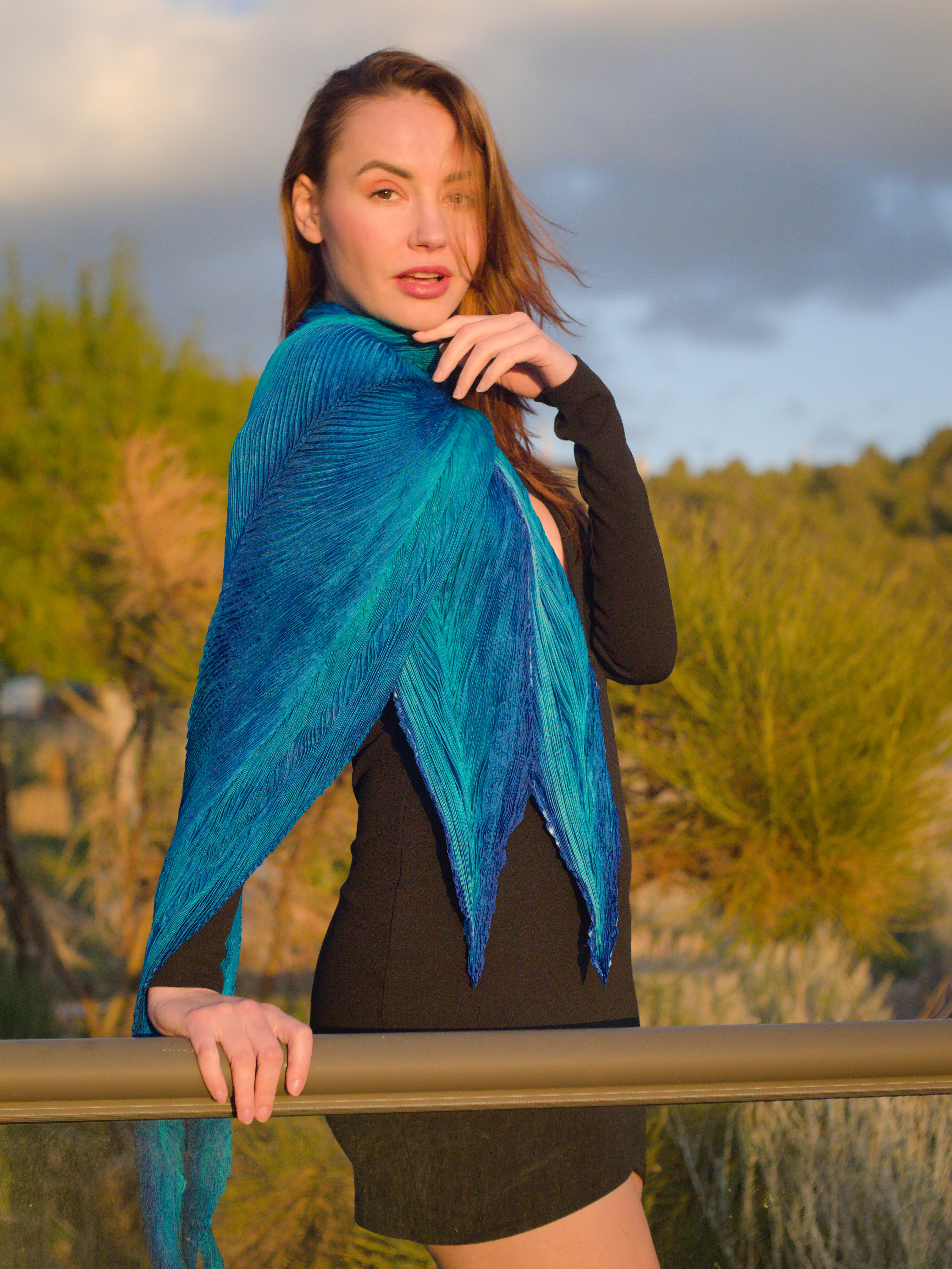 Handmade Ocean Blue Arashi Shibori Silk Scarf