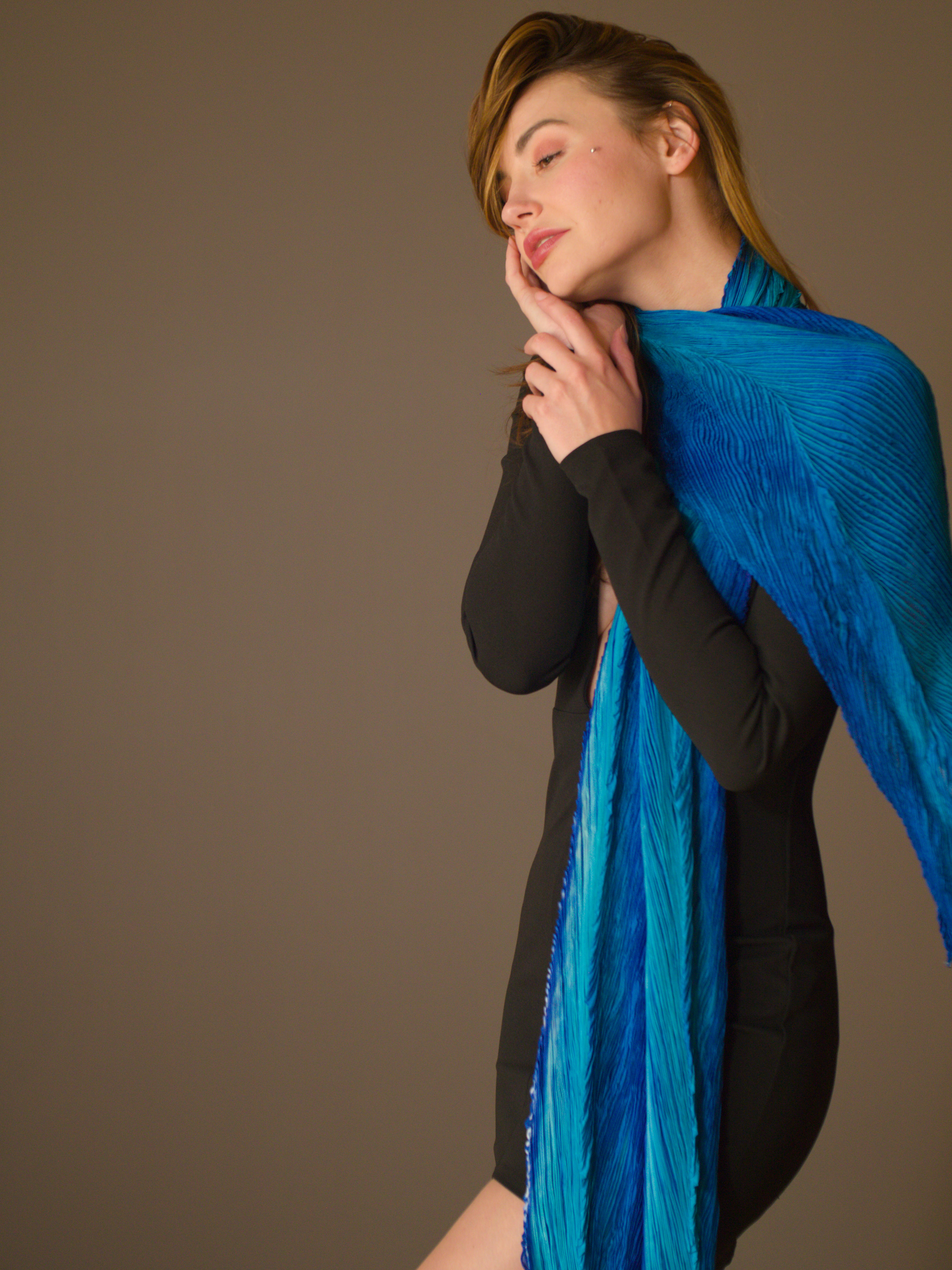 Handmade Ocean Blue Arashi Shibori Silk Scarf