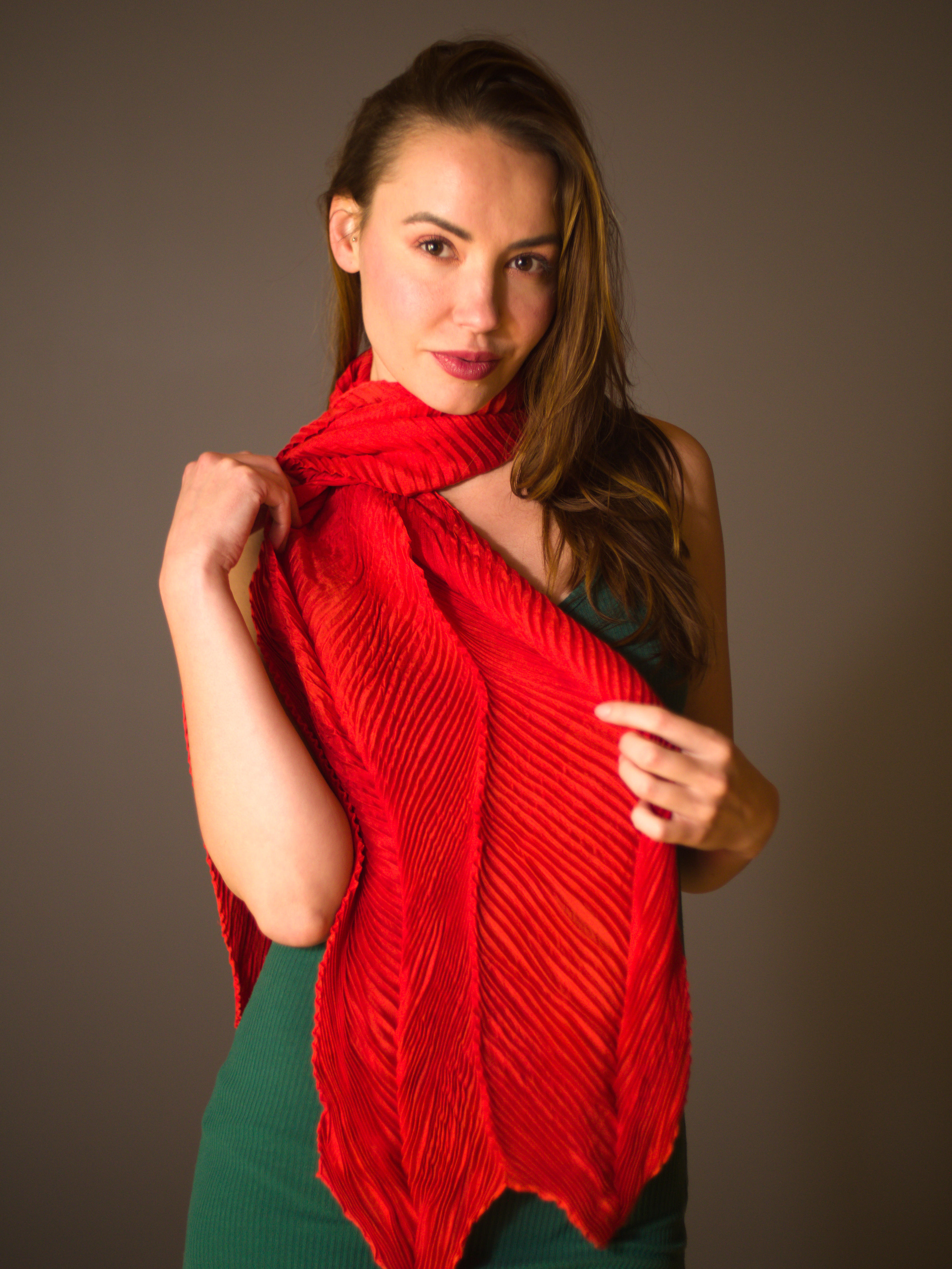 Handmade Blood Orange Arashi Shibori Silk Scarf