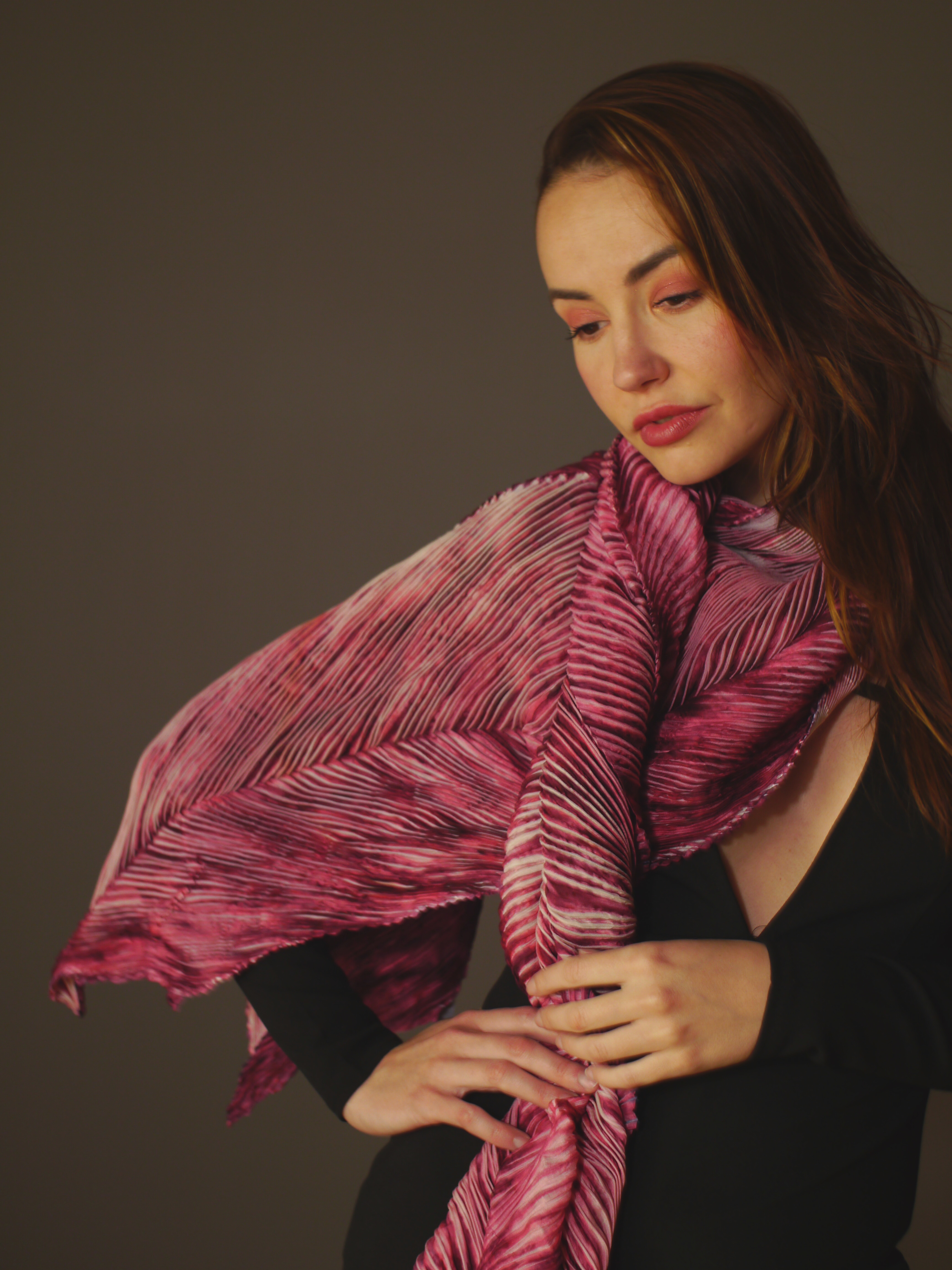 Handmade Crimson Rose Arashi Shibori Silk Scarf – 95" Length