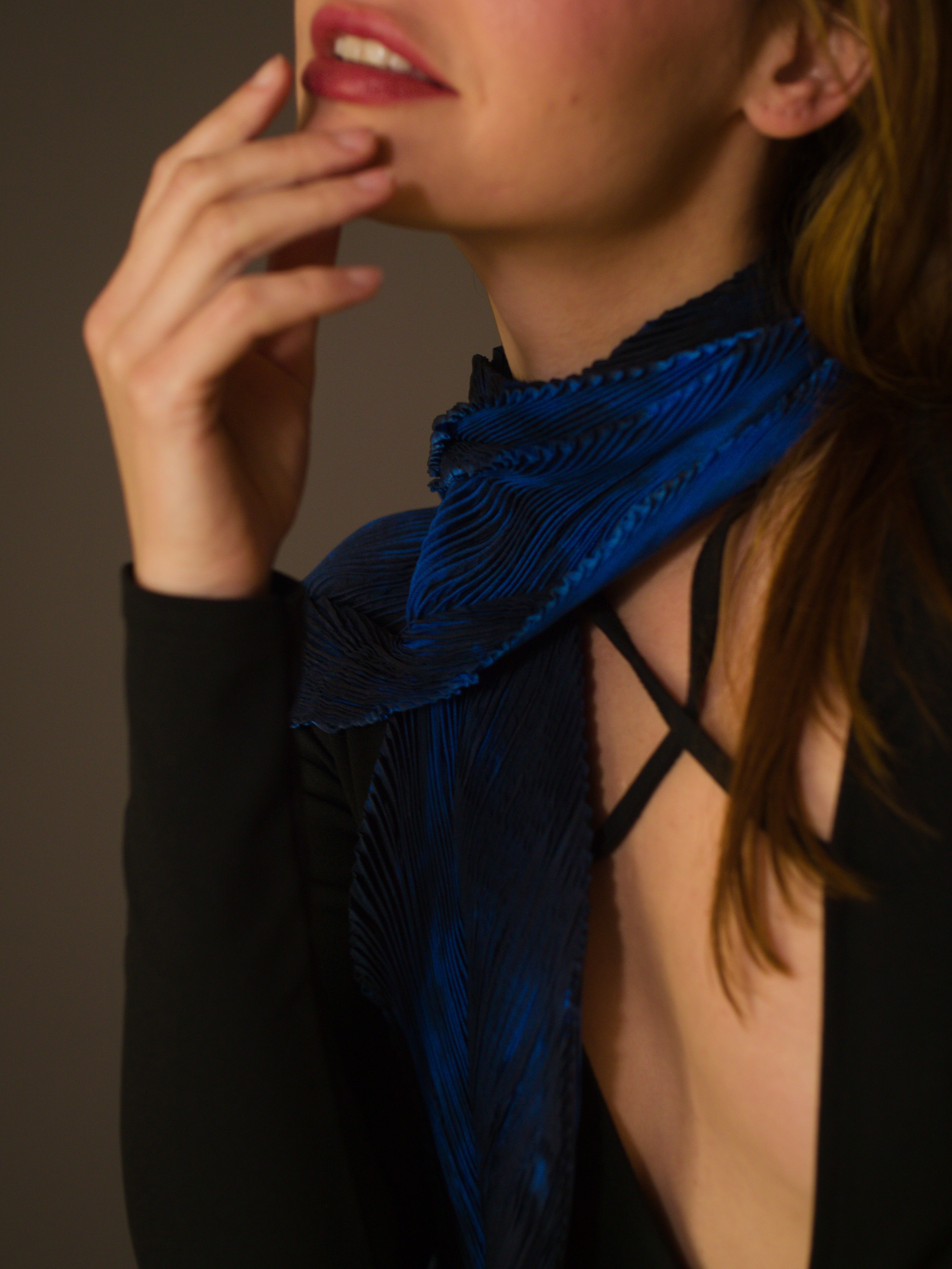 Handmade Arashi Shibori Silk Scarf – Midnight Blue, 70" Length