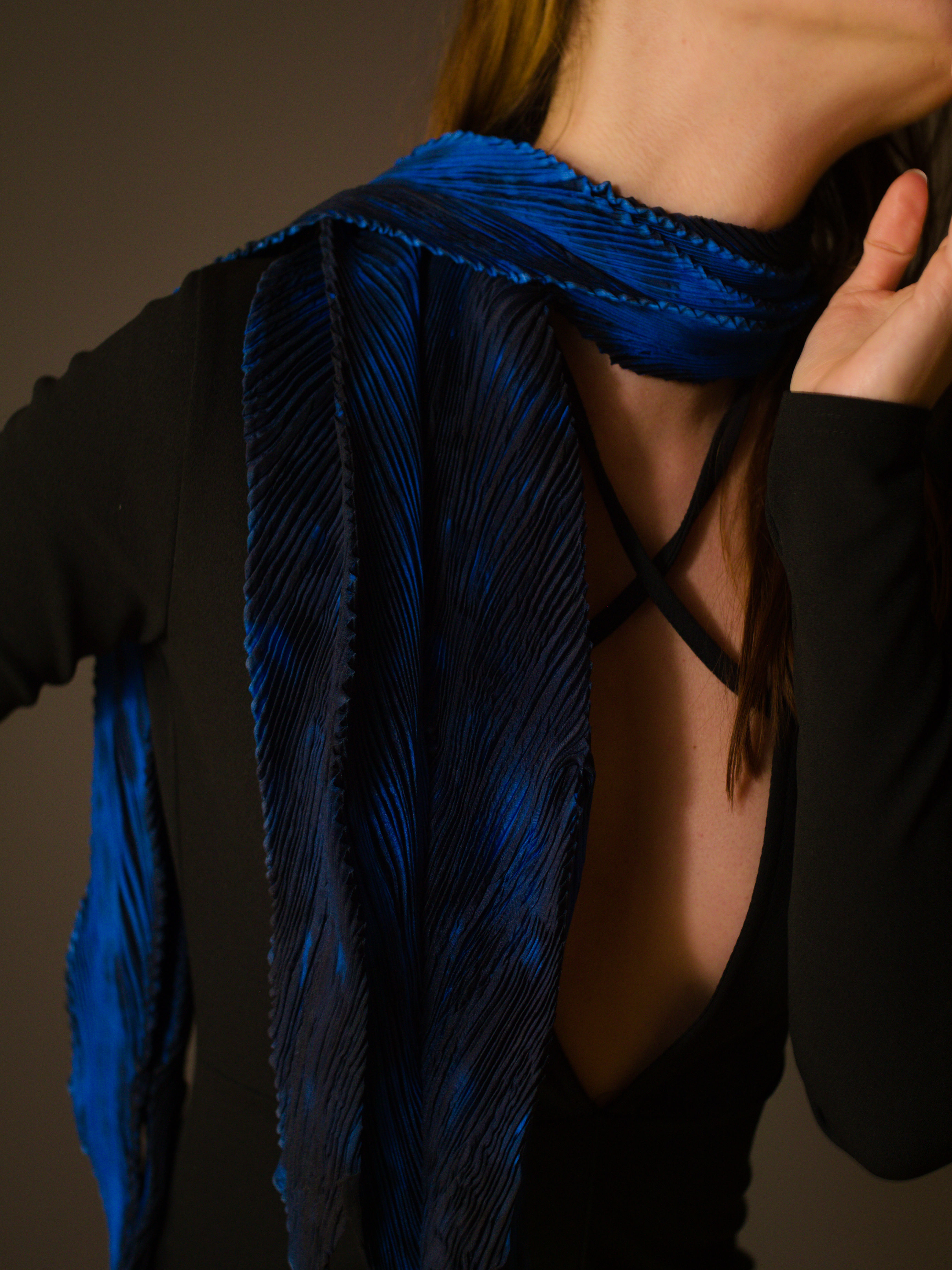 Handmade Arashi Shibori Silk Scarf – Midnight Blue, 70" Length