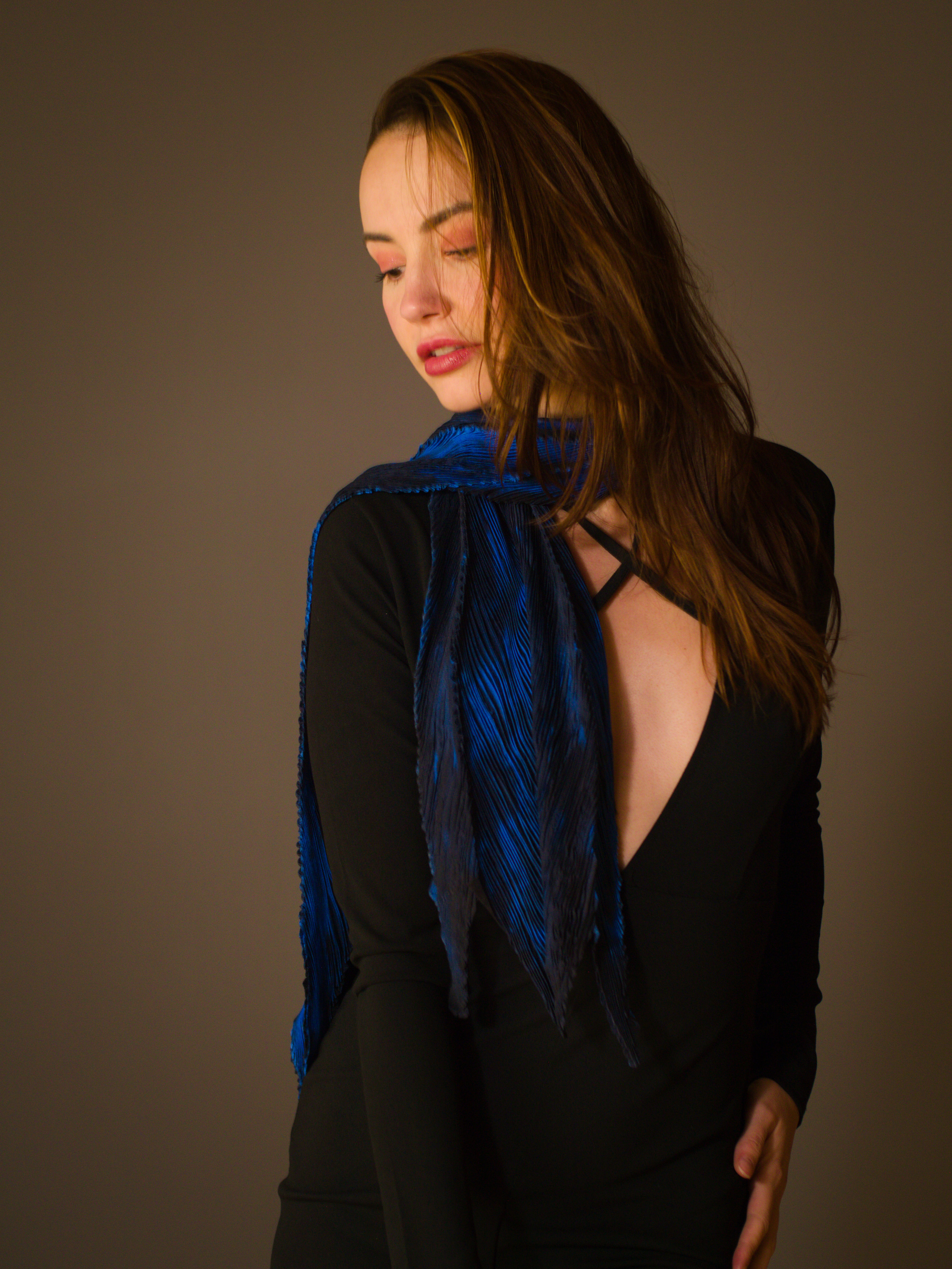 Handmade Arashi Shibori Silk Scarf – Midnight Blue, 70" Length