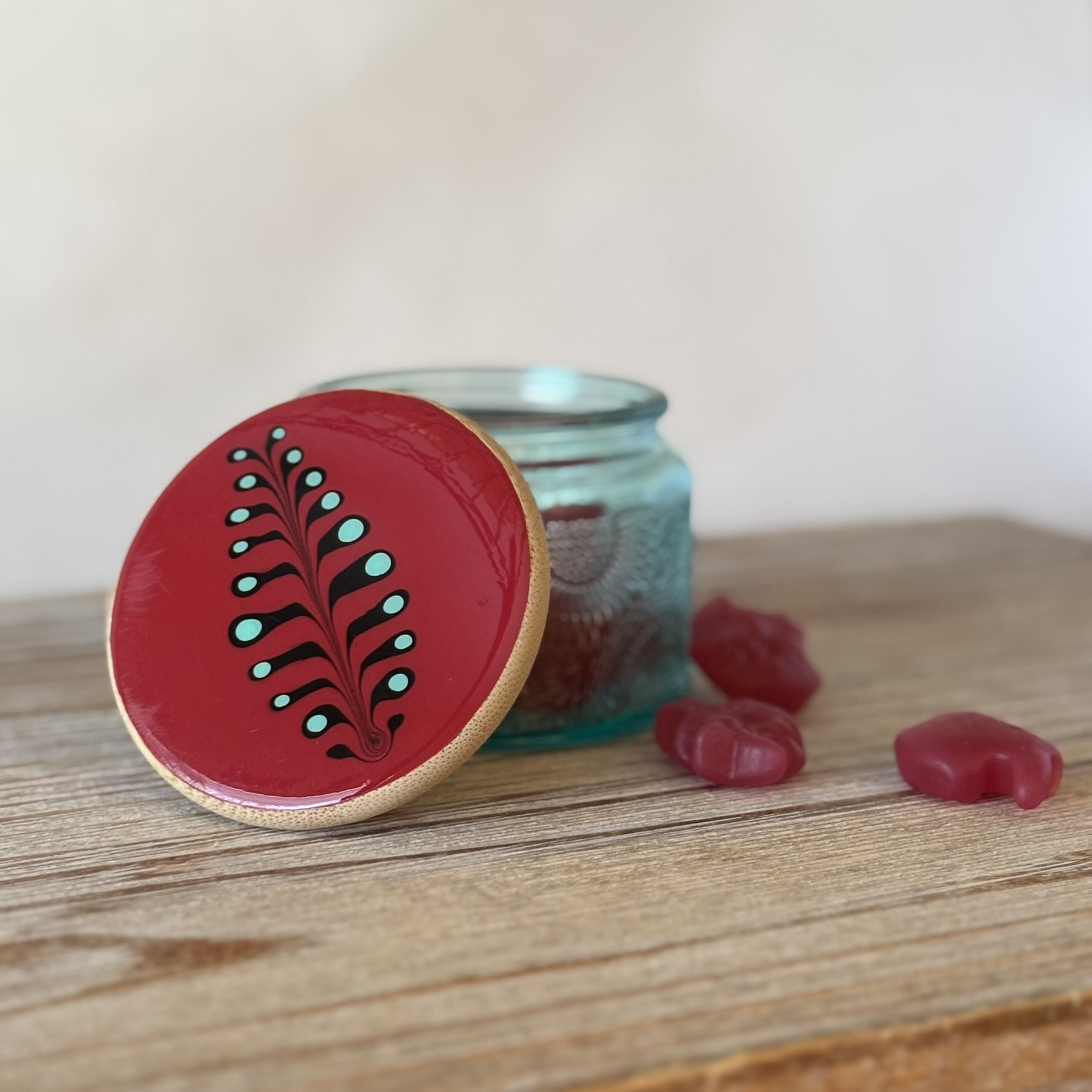 Handpainted Secret Stash Jar - Red with Native Leaf Pattern