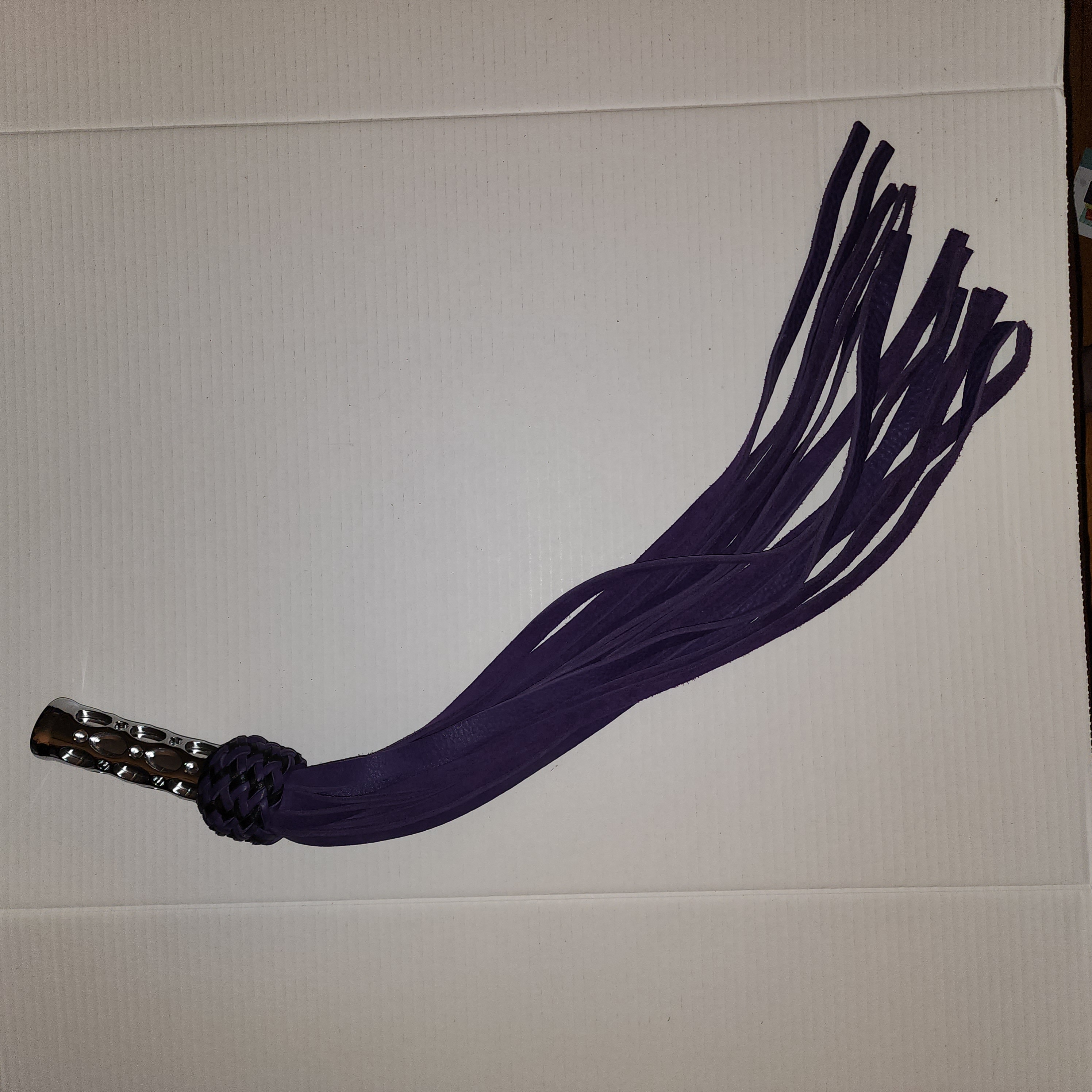 Aluminum motorcycle grip handled flogger with black and purple bullhide falls