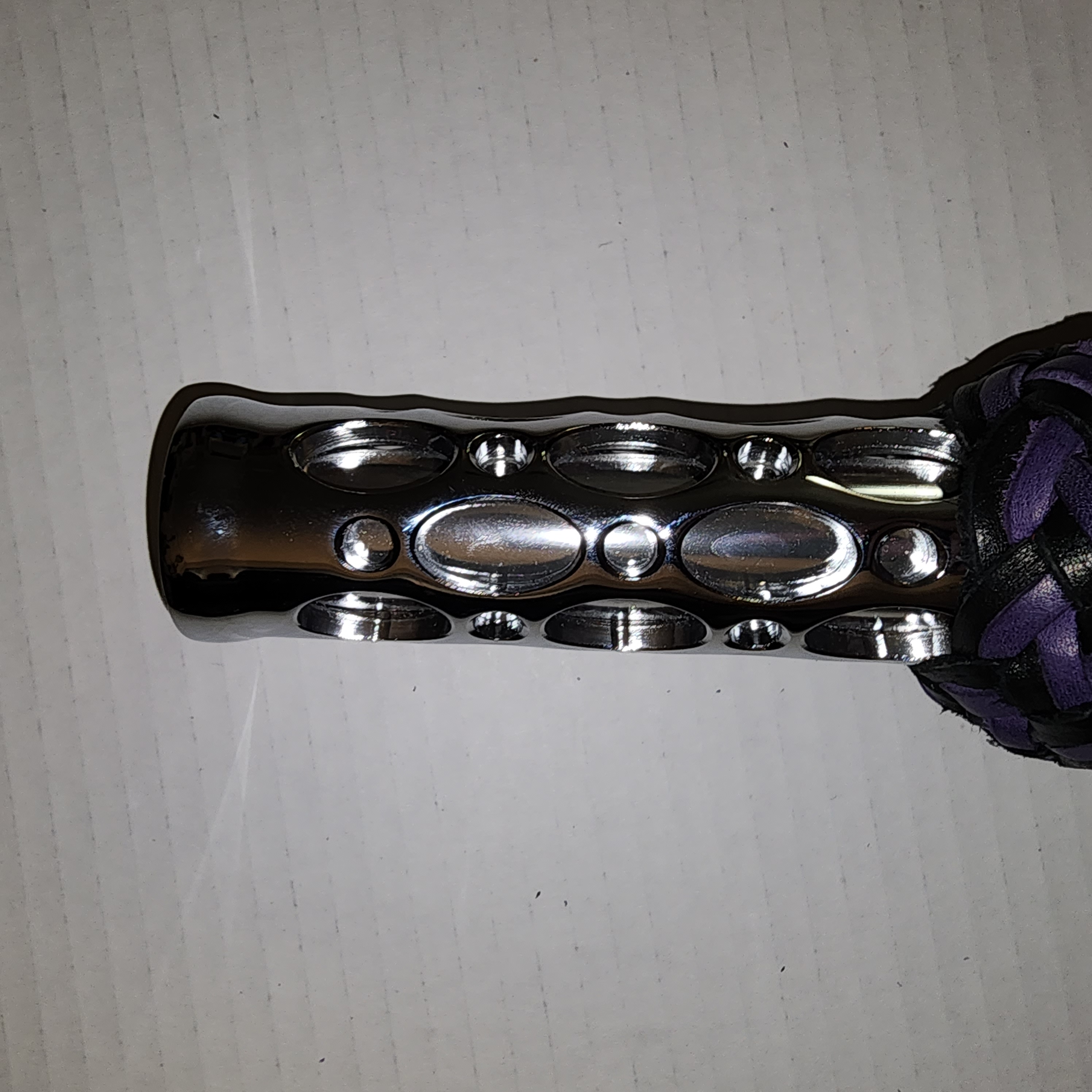 Aluminum motorcycle grip handled flogger with black and purple bullhide falls