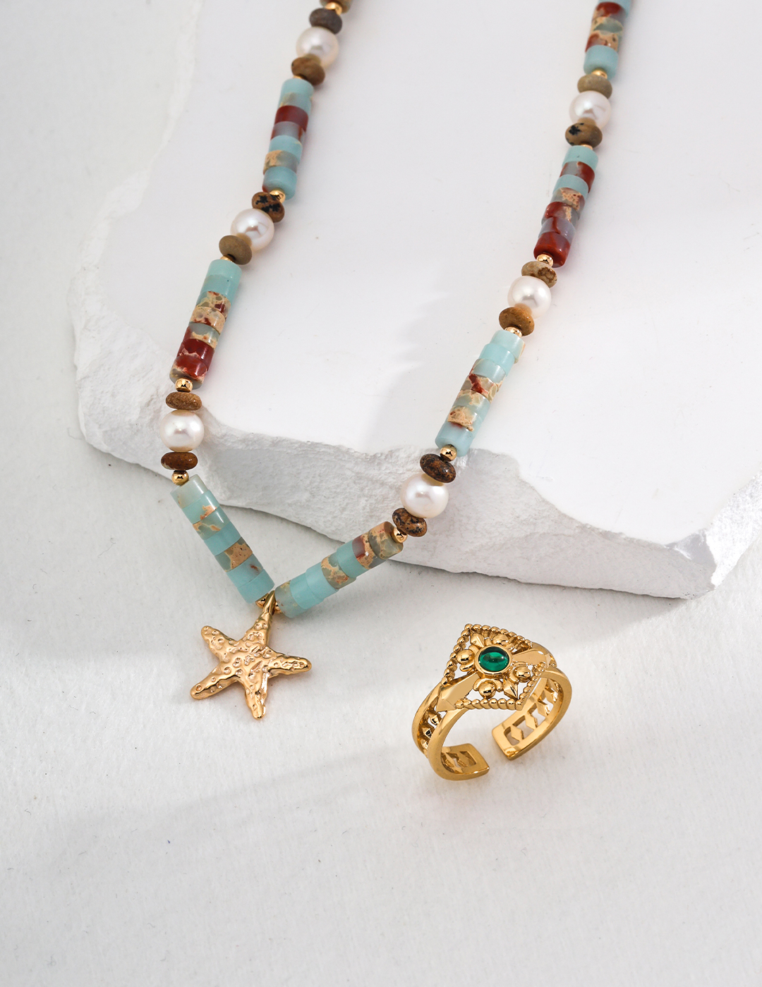 Beaded Starfish Shoushan Stone Necklace