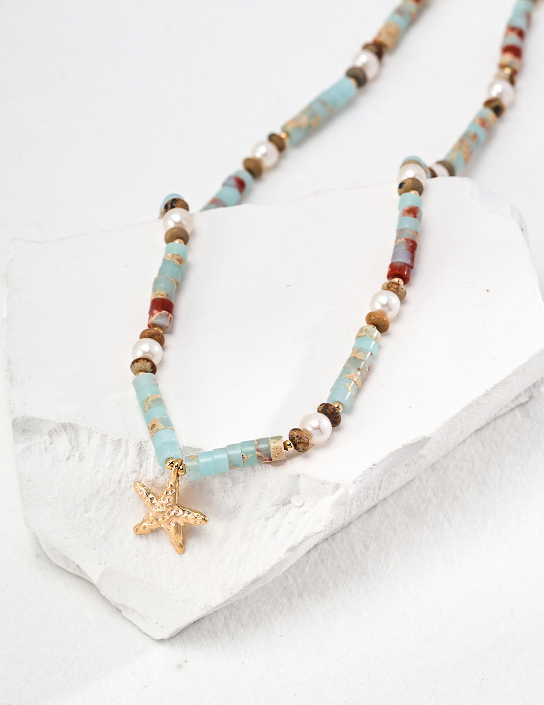 Beaded Starfish Shoushan Stone Necklace
