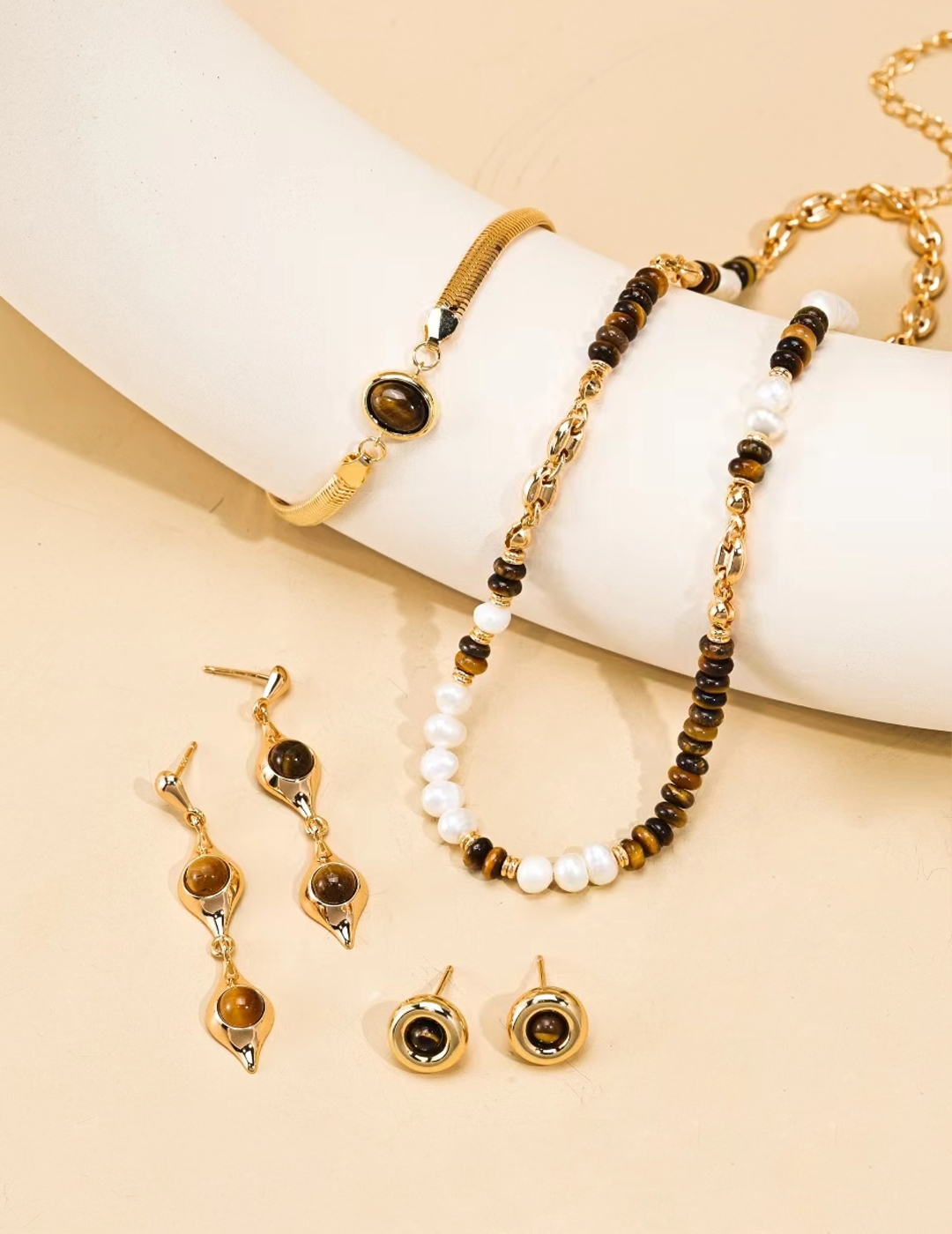 Sterling Silver Tiger's Eye and Pearl Earrings / Necklace