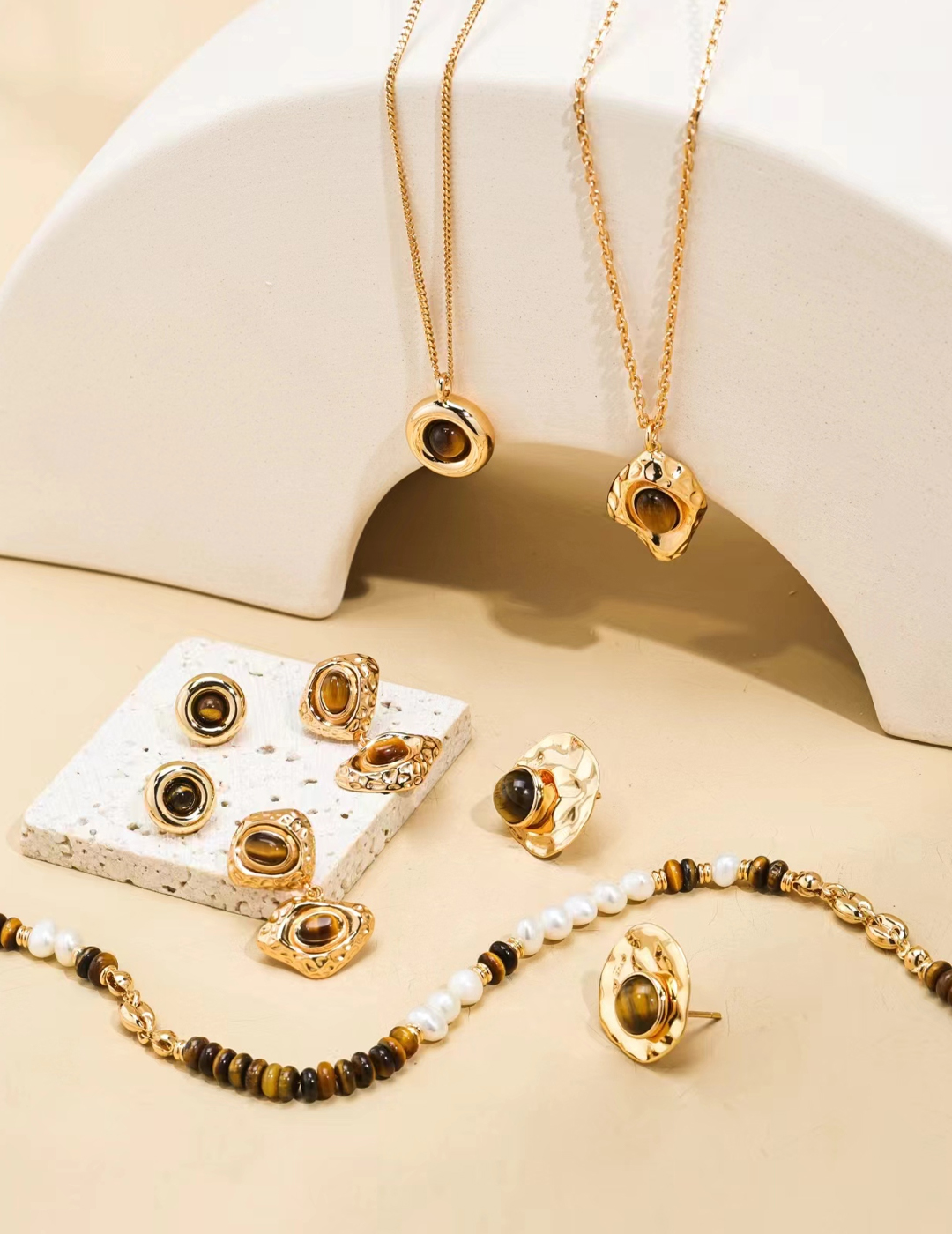 Sterling Silver Tiger's Eye and Pearl Earrings / Necklace