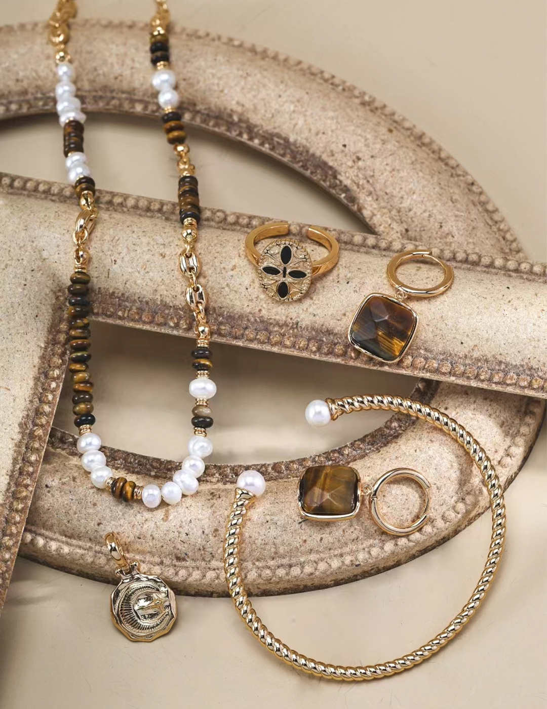 Sterling Silver Tiger's Eye and Pearl Earrings / Necklace