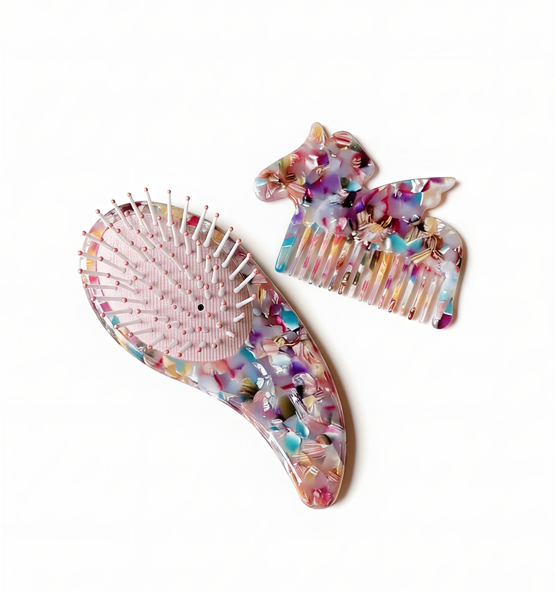 Colorful Hair Brush & Unicorn ACETATE Comb Set