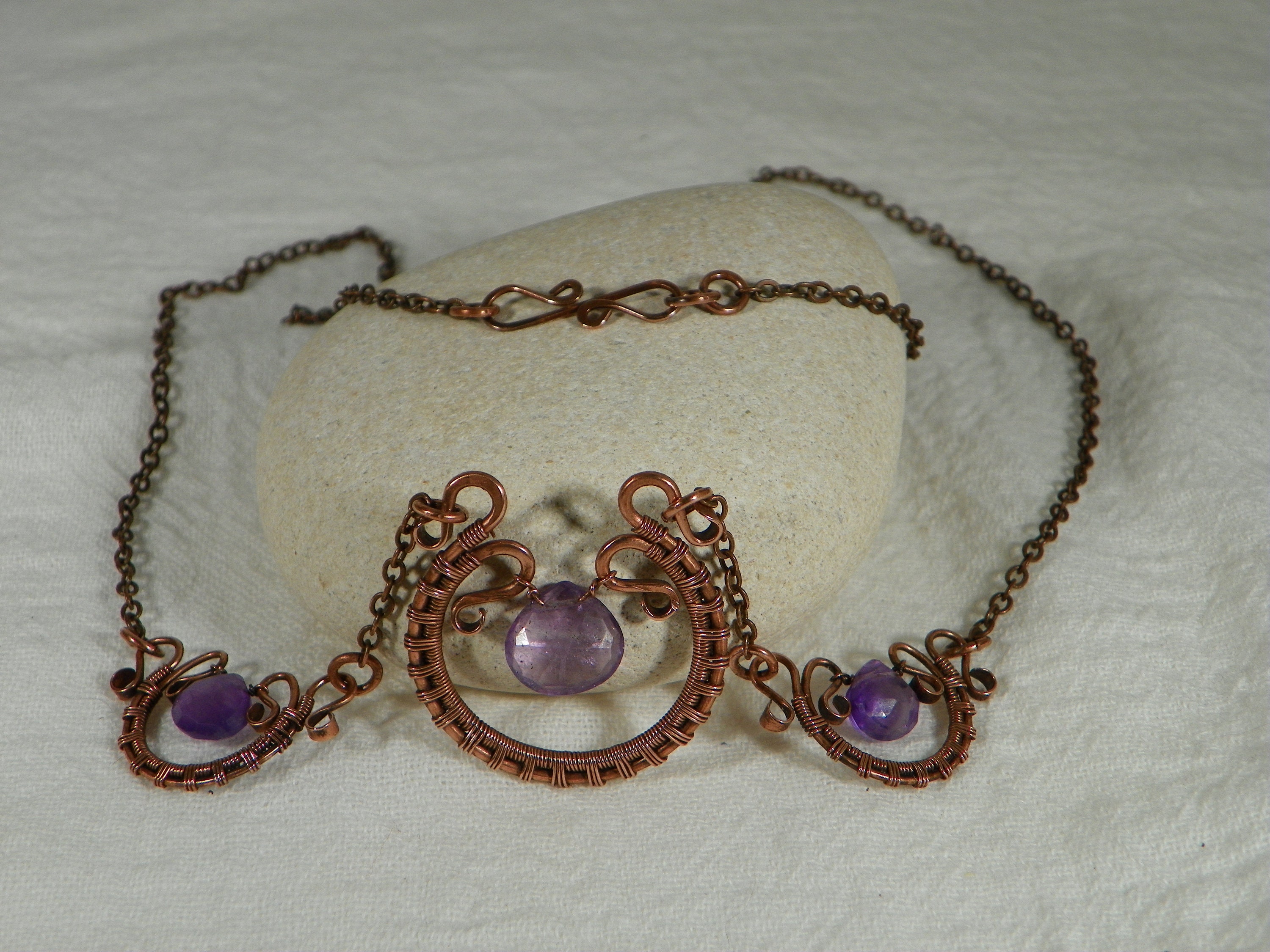 Copper & Amethyst Necklace, Hammered Copper Scroll Frames, Wire Woven with Amethyst Briolettes and Lightly Oxidized, Handmade in the USA