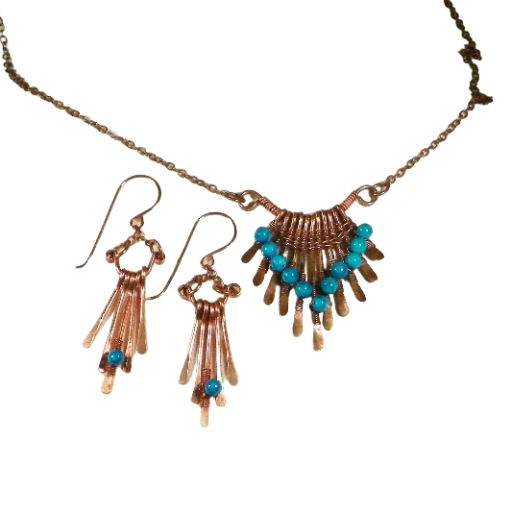 Hammered Copper and Navajo Blue Beads Pendant and Earring Set. Handmade in the USA with 99.9% Pure Copper Wire.