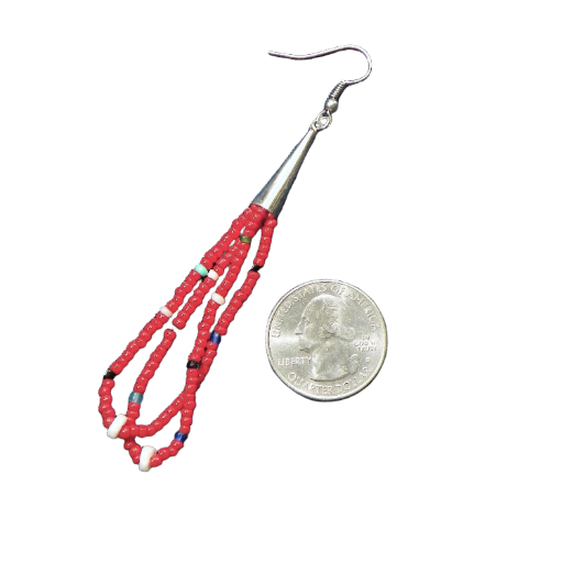 Red Tassel Earrings Beaded Loops, Native American or Southwestern Style Featuring Red and Colored Beads, White Bone Beads, Made in the USA