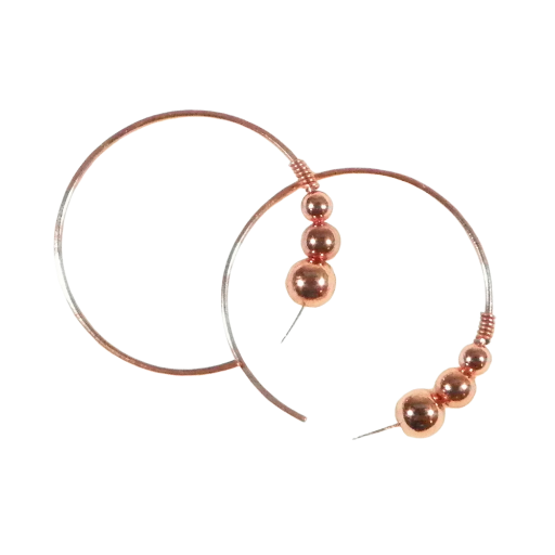 Bright Copper Beads Open Hoop Earrings, Non-Tarnish Bare Copper Lightly Hammered on Three Sides for Light Catching Facets. Made in the USA