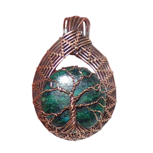 Copper Weave Tree of Life Pendant on Serpentine/Quartz Disk. This Pendant Features a Tight Wire Weave that Frames a Delicate Tree of Life.